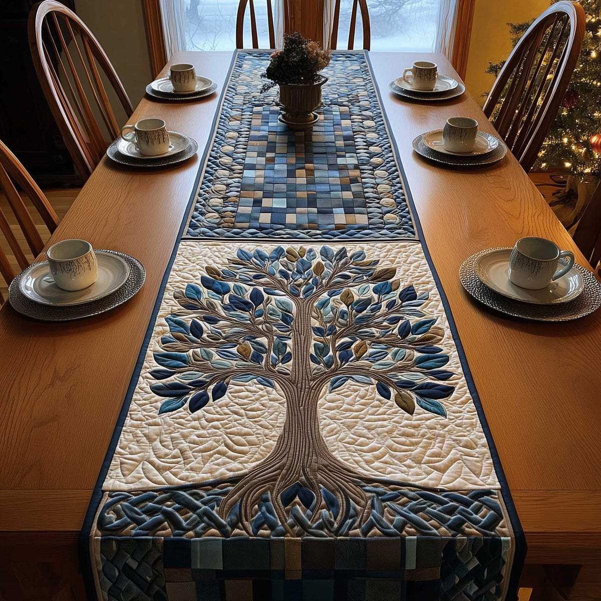 Blue Tree with Mosaic Border Table Runner