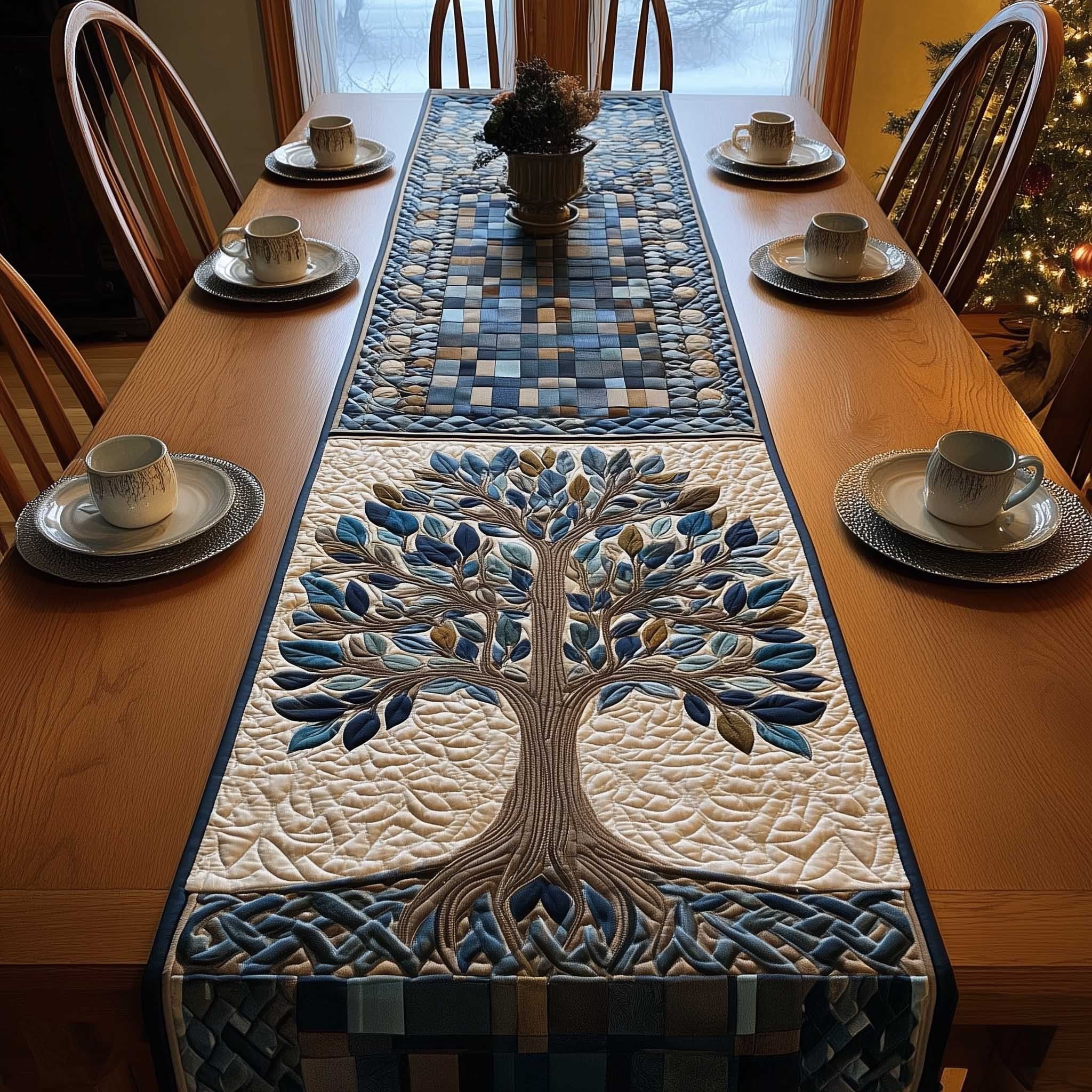 Blue Tree with Mosaic Border Table Runner