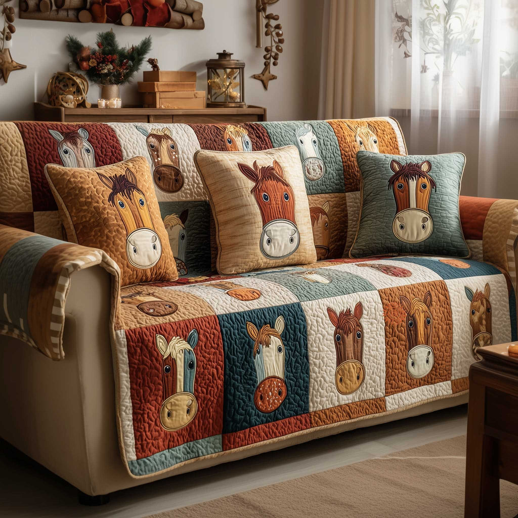 Cartoon Horse Faces in Blue and Red Blocks Sofa Cover
