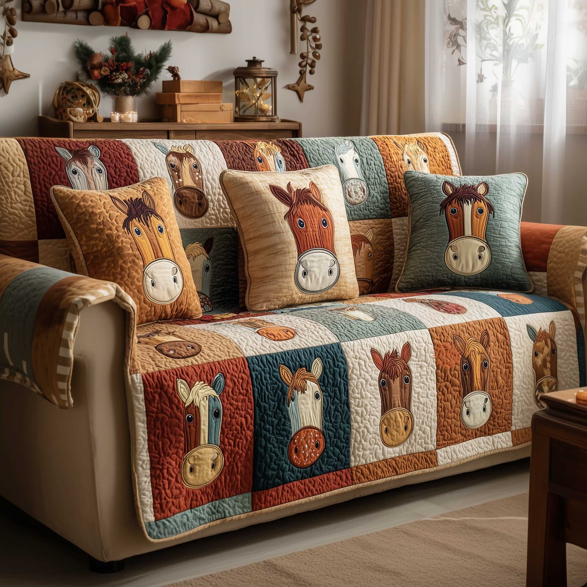 Cartoon Horse Faces in Blue and Red Blocks Sofa Cover