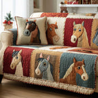 Horse Heads on Red and Cream Squares Sofa Cover