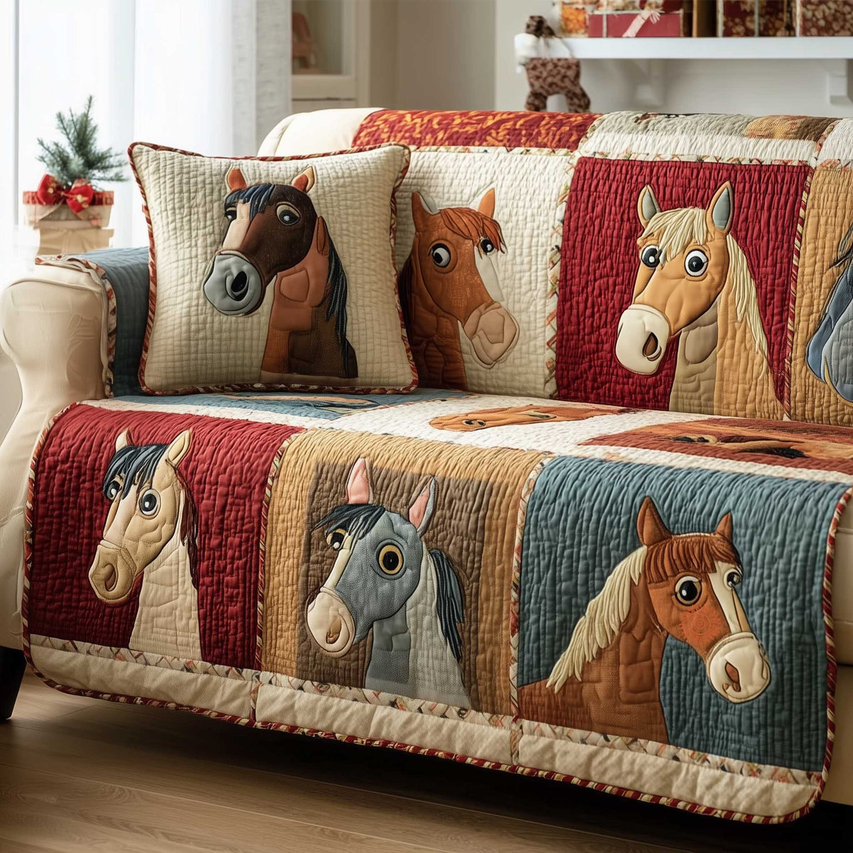 Horse Heads on Red and Cream Squares Sofa Cover