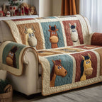 Playful Horses on Cream and Blue Stripes Sofa Cover
