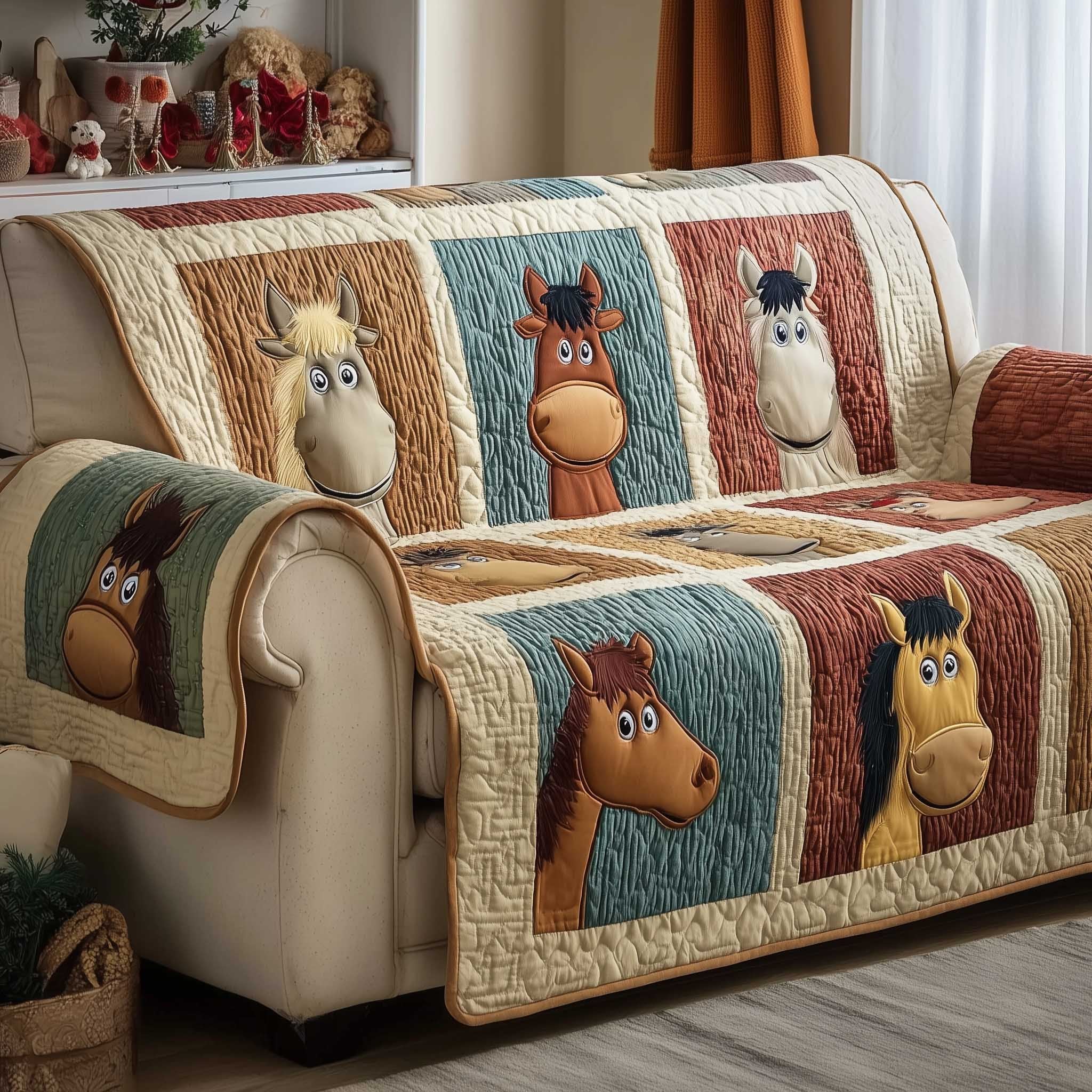 Playful Horses on Cream and Blue Stripes Sofa Cover