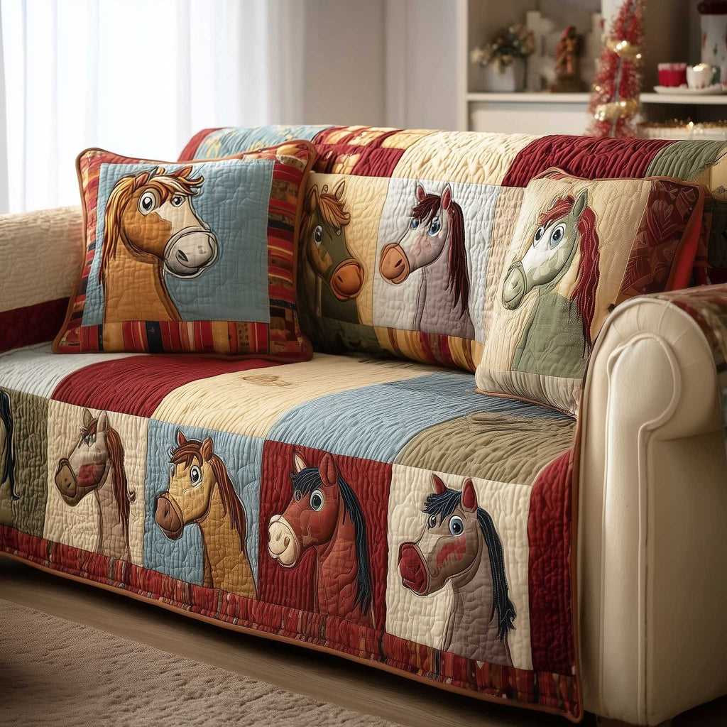 Horse Portraits in Barn Red Panels Sofa Cover