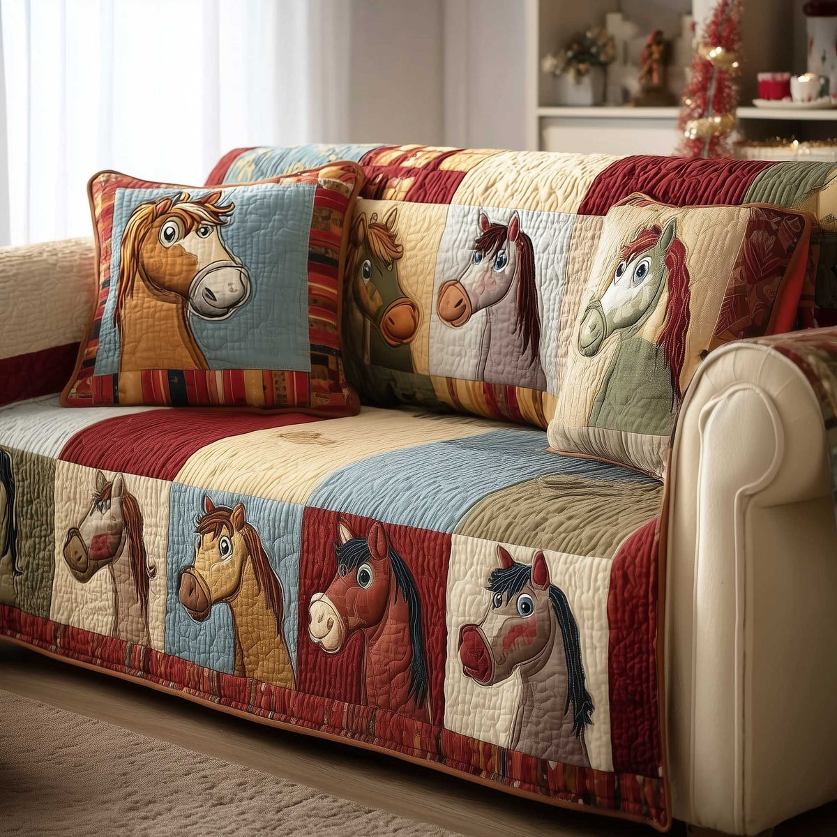 Horse Portraits in Barn Red Panels Sofa Cover