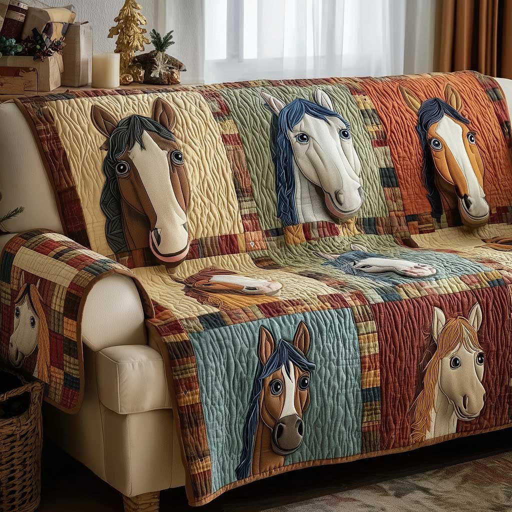 Horse Faces on the Blue Plaid Quilt Sofa Cover