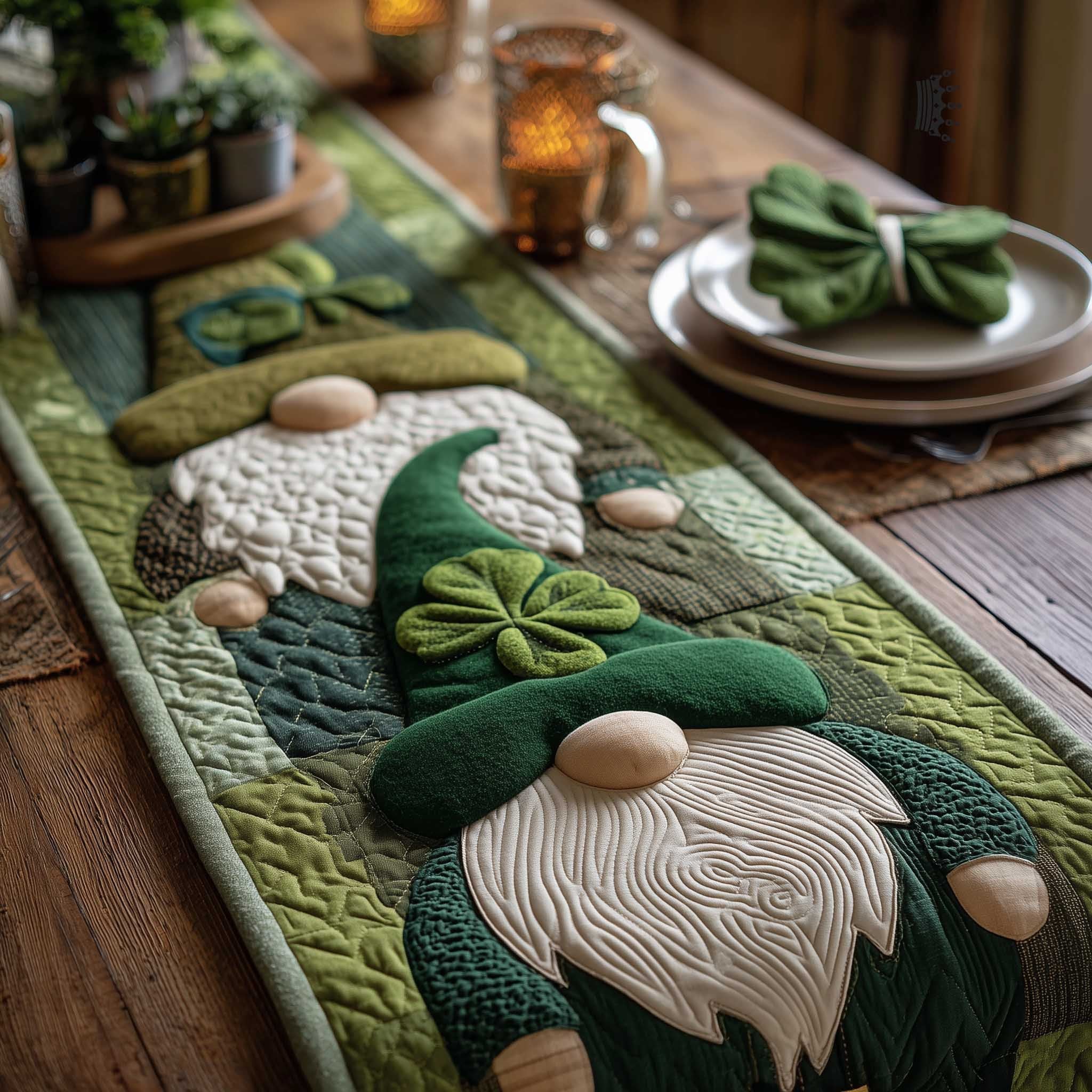 Gnome with Shamrock Bow Tie Table Runner