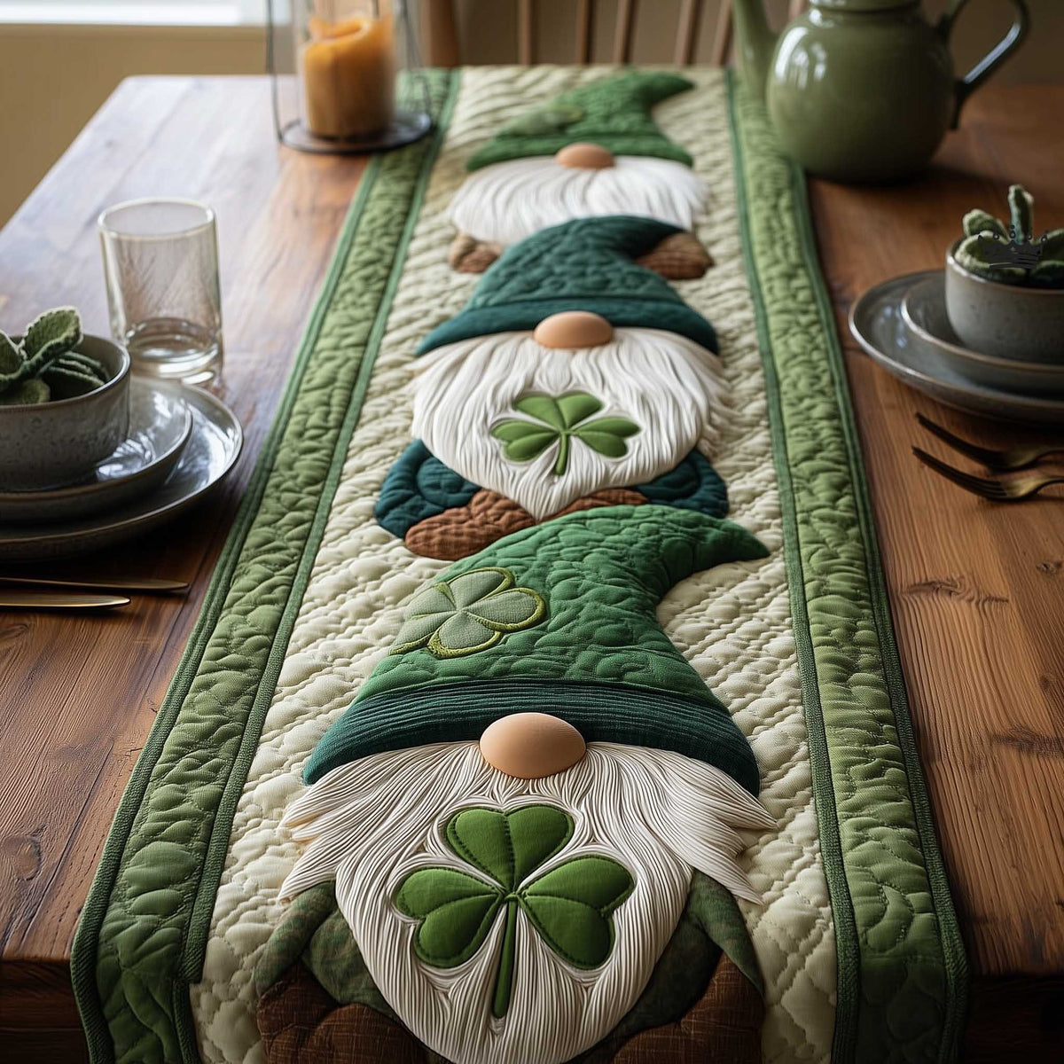 Gnomes with Shamrocks on Green Table Runner