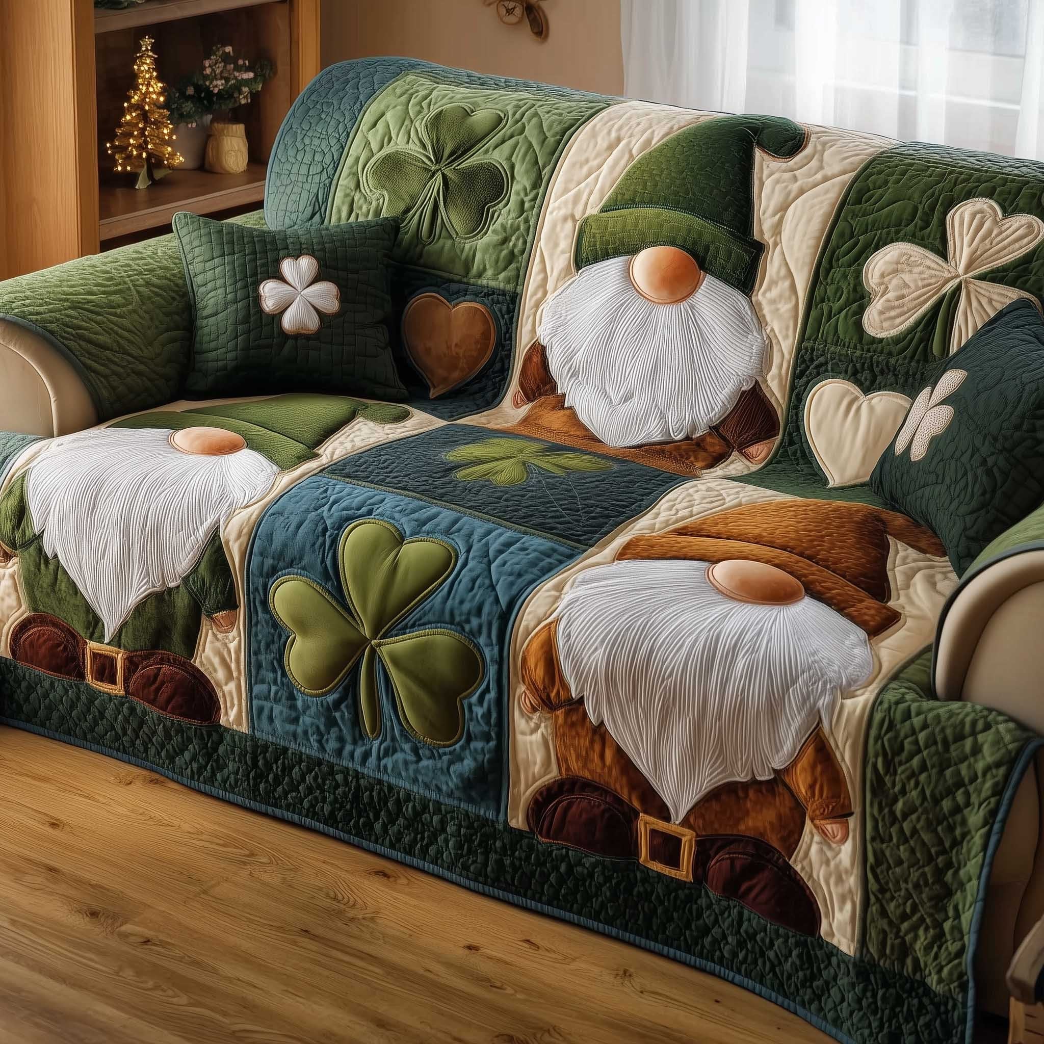 Gnome Beside the Green Shamrock Sofa Cover