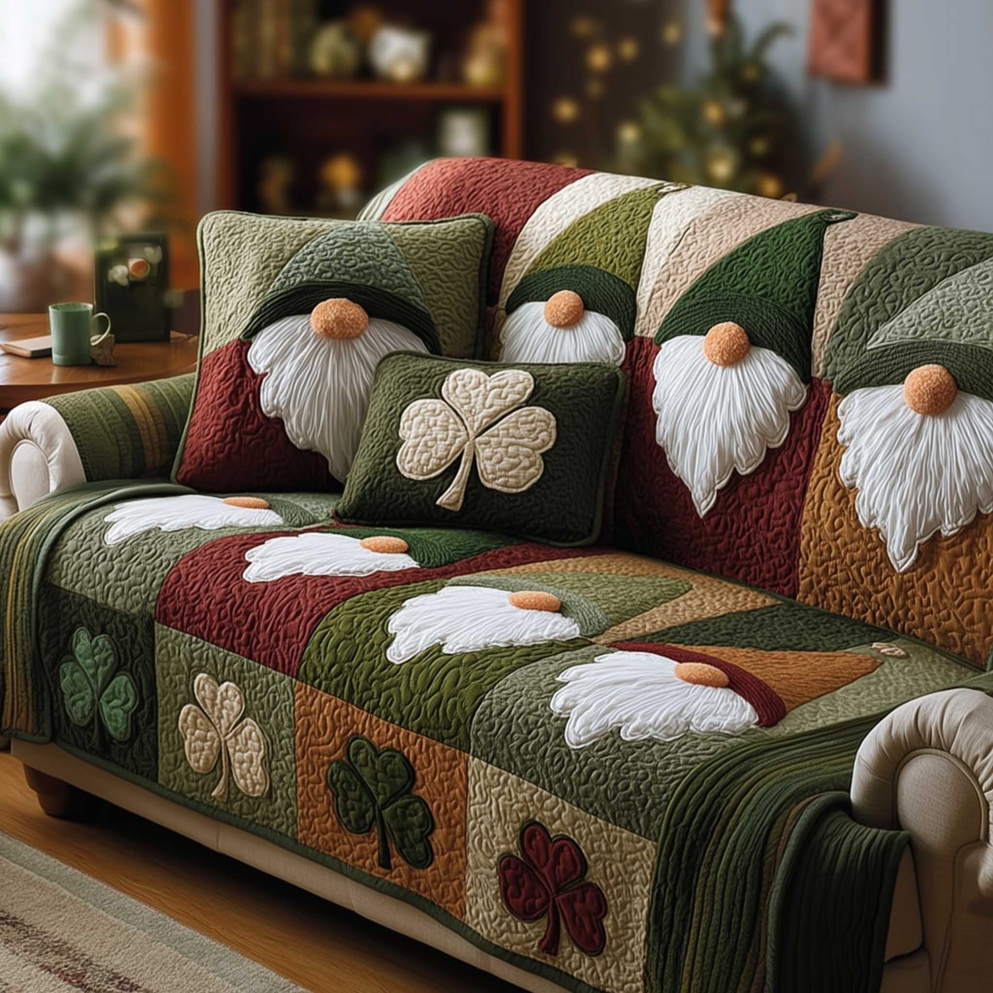 Gnomes with Cream Clover on Olive Sofa Cover