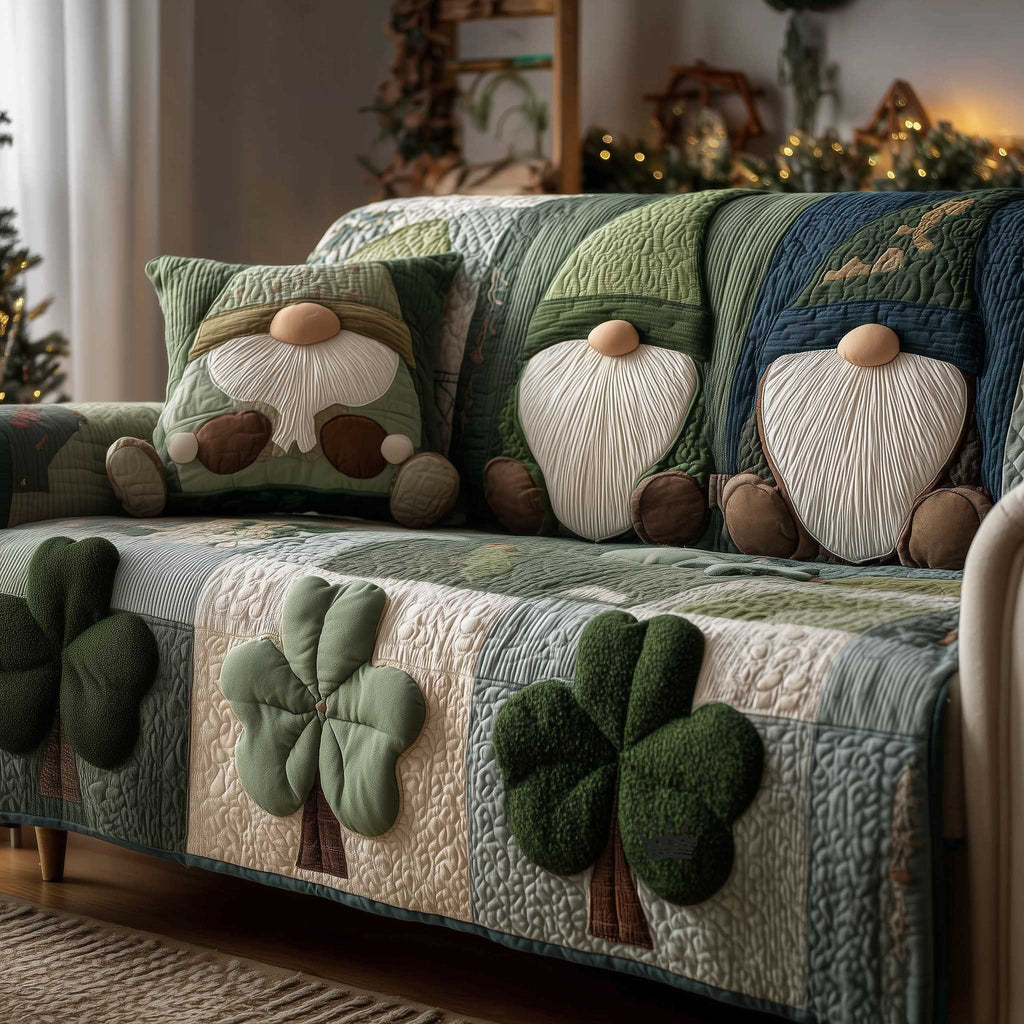 Gnomes with Puffy Clovers on Cream Sofa Cover