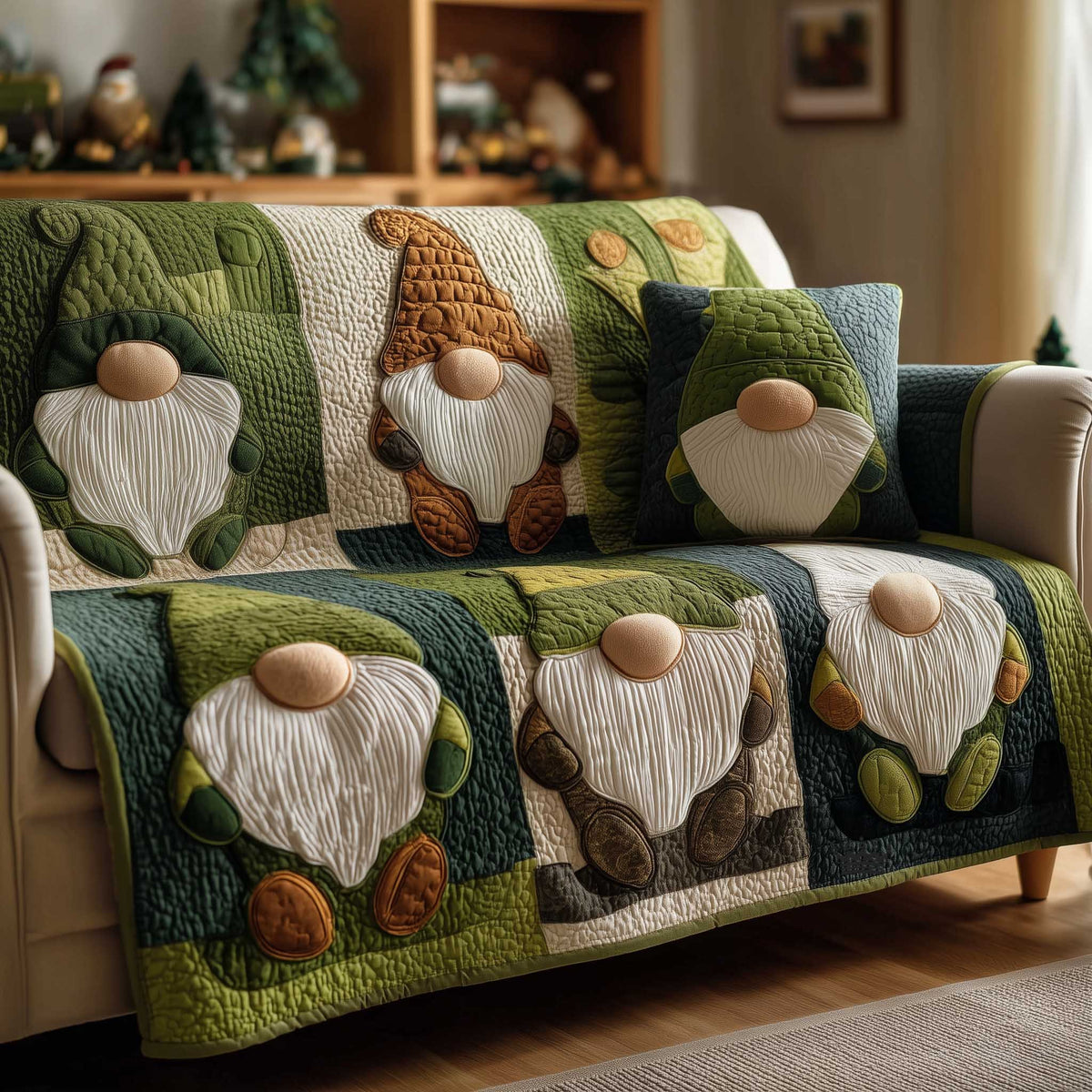 Gnome and Clover in Forest Green Squares Sofa Cover