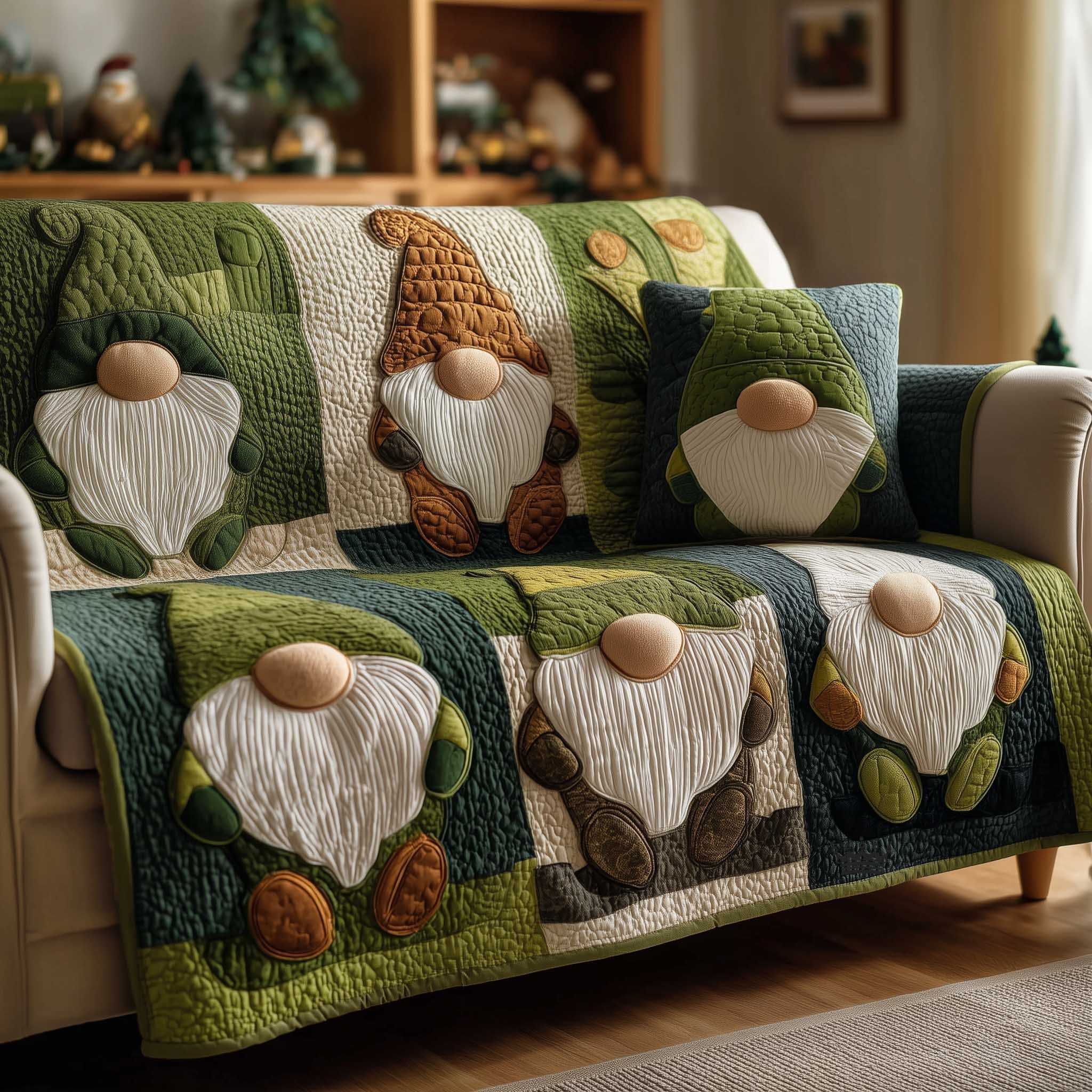 Gnome and Clover in Forest Green Squares Sofa Cover