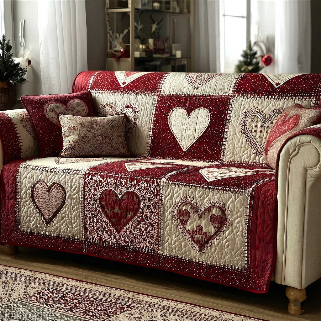 Quilted Hearts in Red and Cream Sofa Cover
