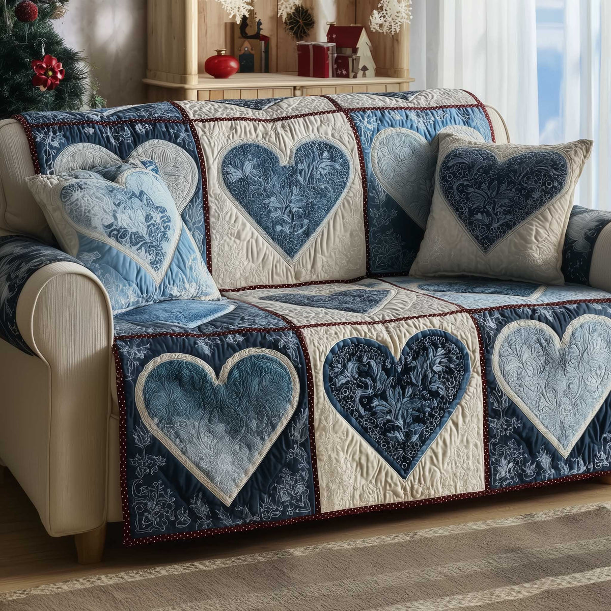 Quilted Hearts in Blue and White Sofa Cover