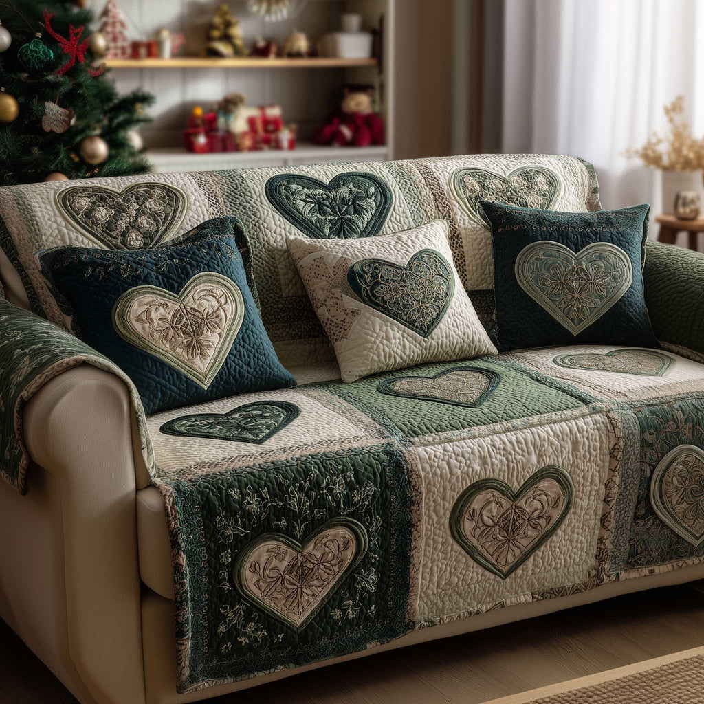 Quilted Hearts in Sage and Ivory Sofa Cover