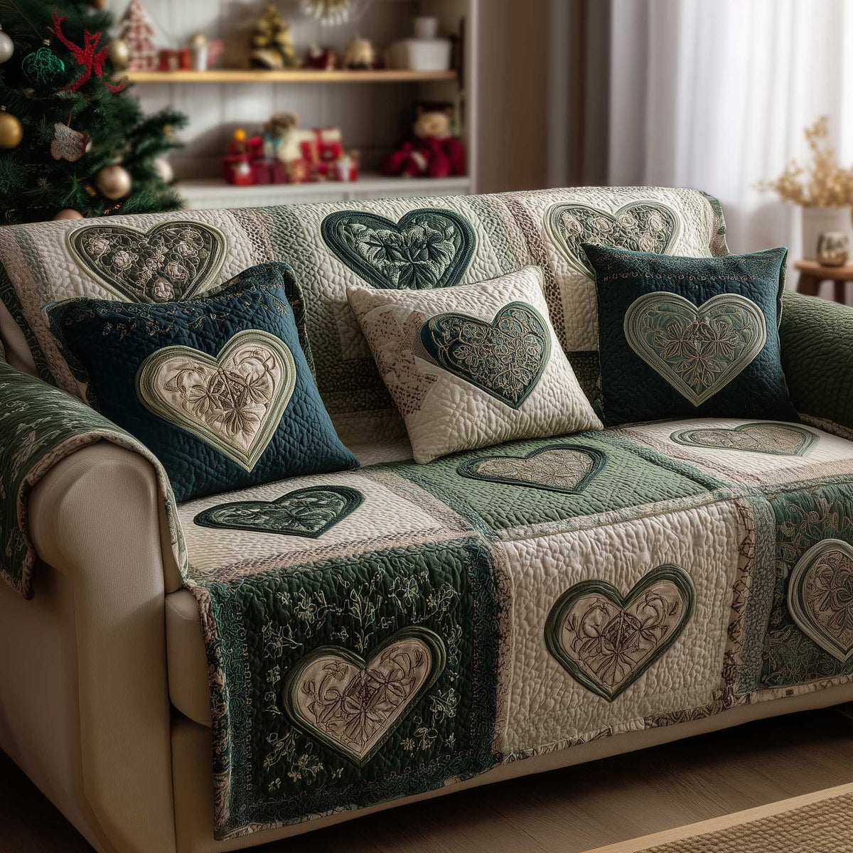 Quilted Hearts in Sage and Ivory Sofa Cover