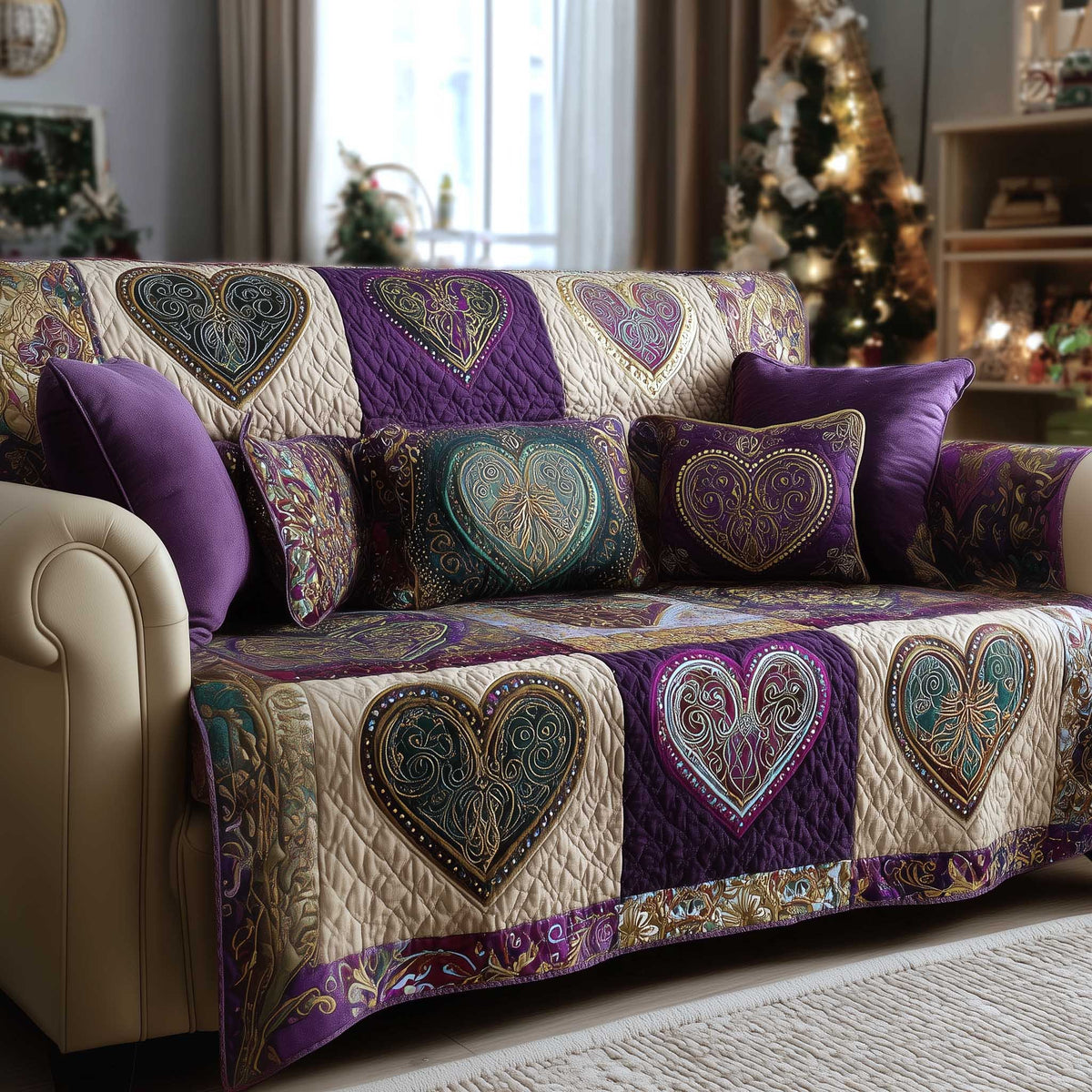 Quilted Hearts in Lilac and Plum Sofa Cover