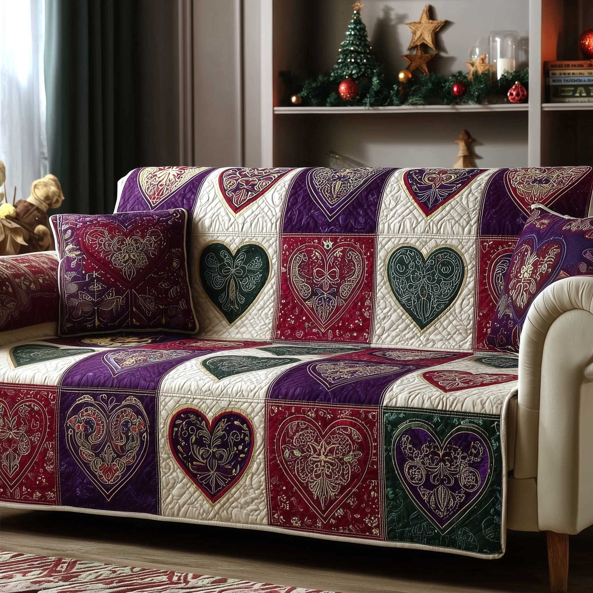 Quilted Hearts in Jewel Tone Squares Sofa Cover