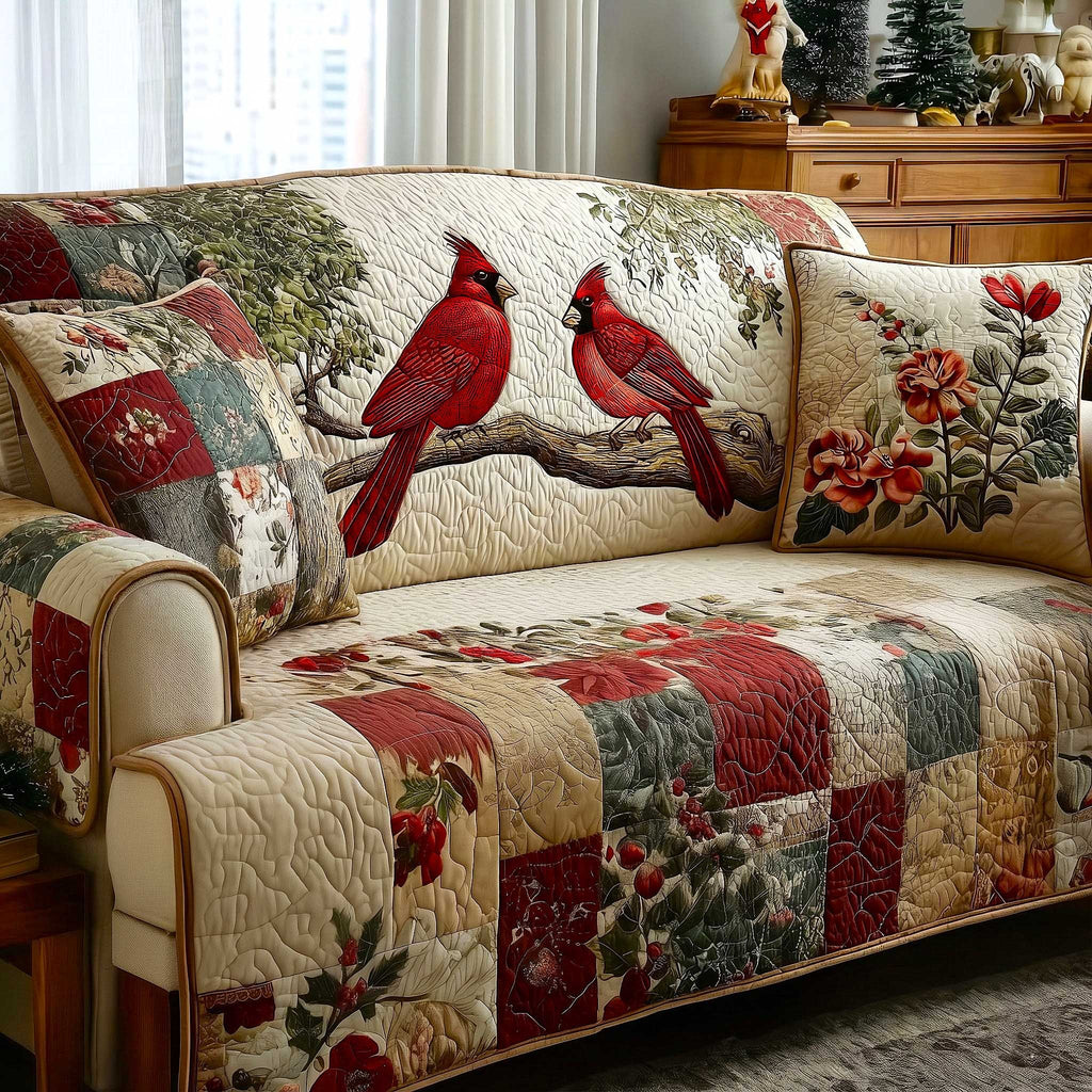 Two Cardinals Above Patchwork Squares Sofa Cover