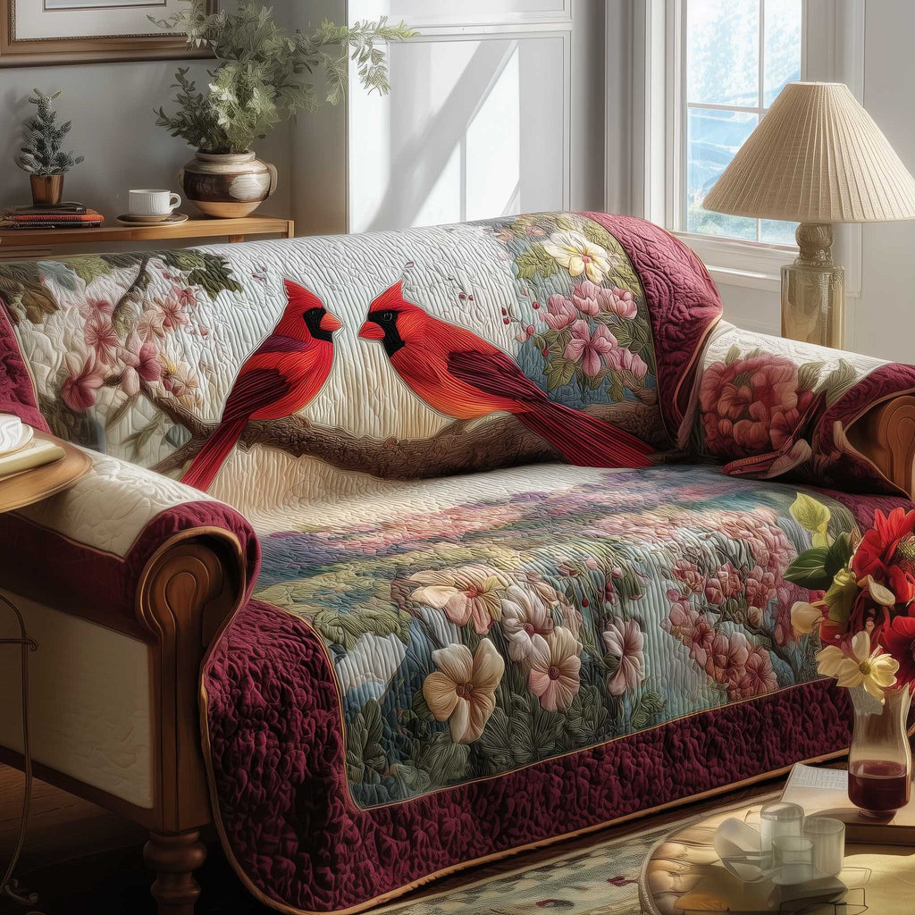 Cardinal Duo Over Pastel Meadow Sofa Cover
