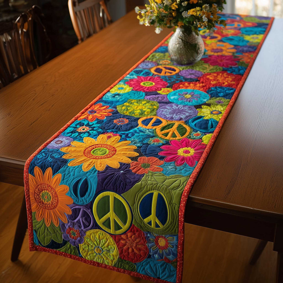 Peace Signs Among Bold Blooms Table Runner
