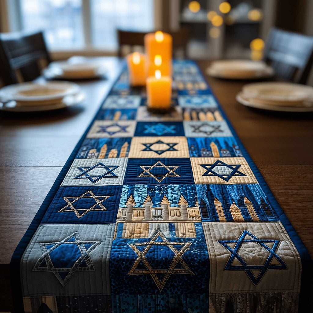 Navy Star Blocks with City Skyline Table Runner