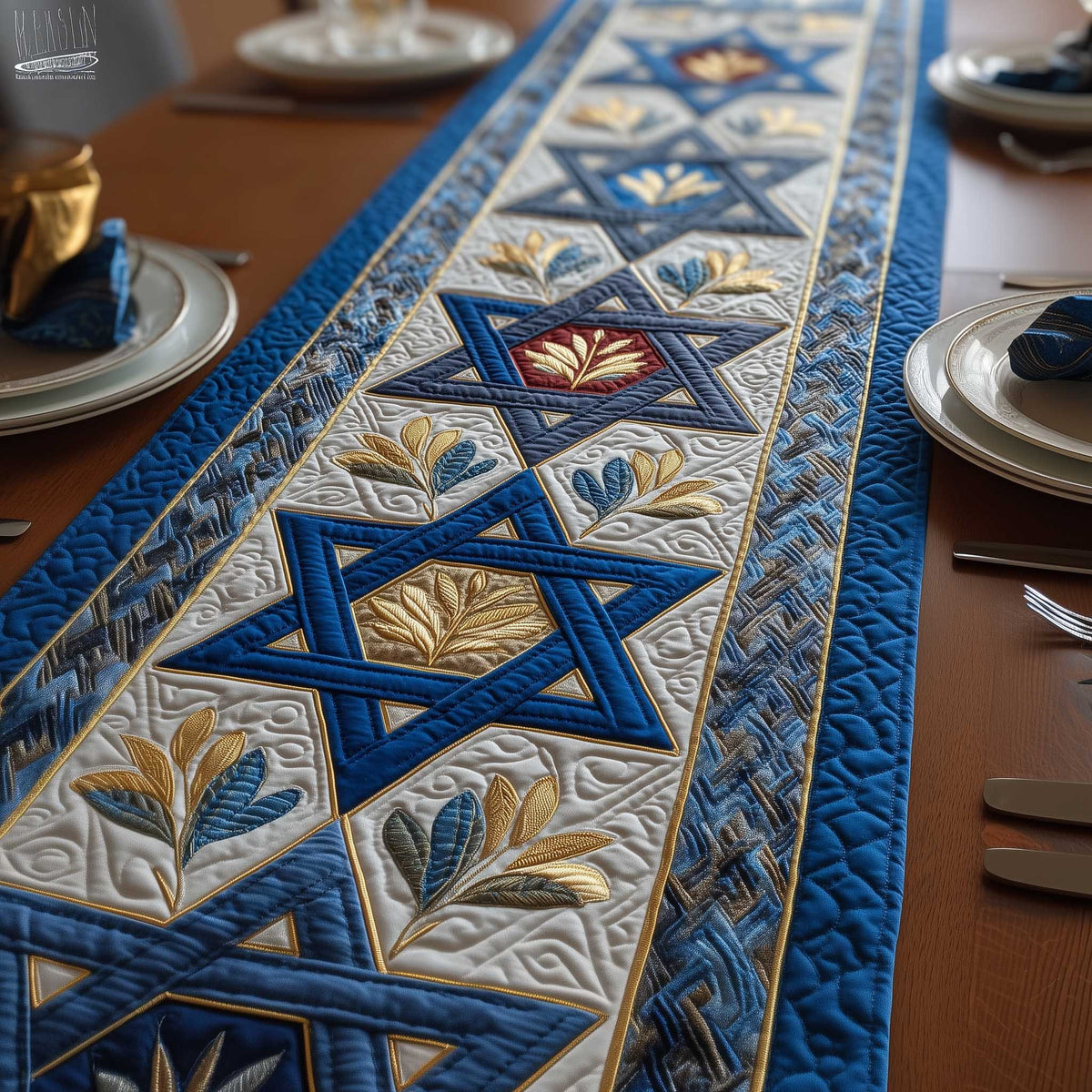 Blue Star of David with Gold Leaves Table Runner