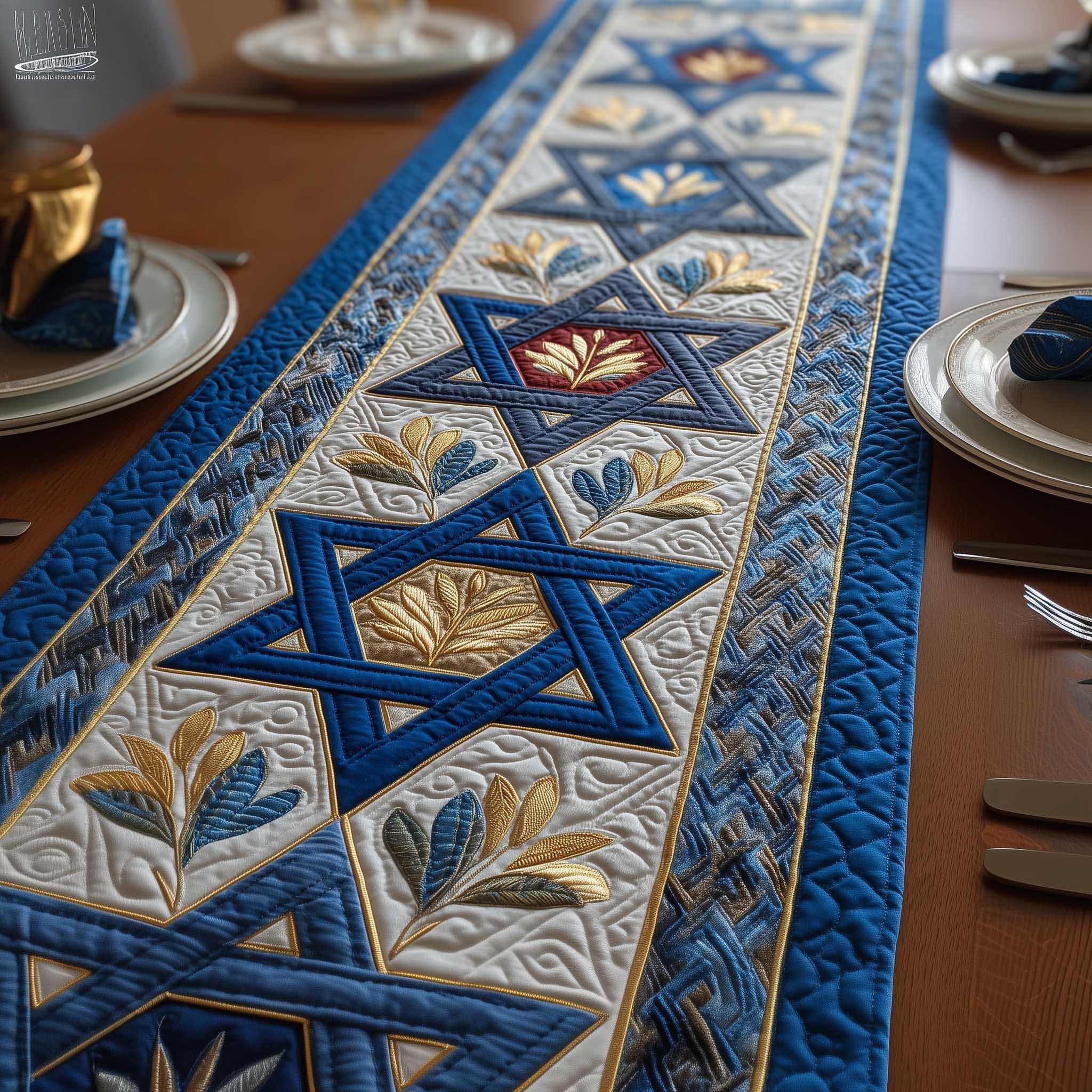 Blue Star of David with Gold Leaves Table Runner