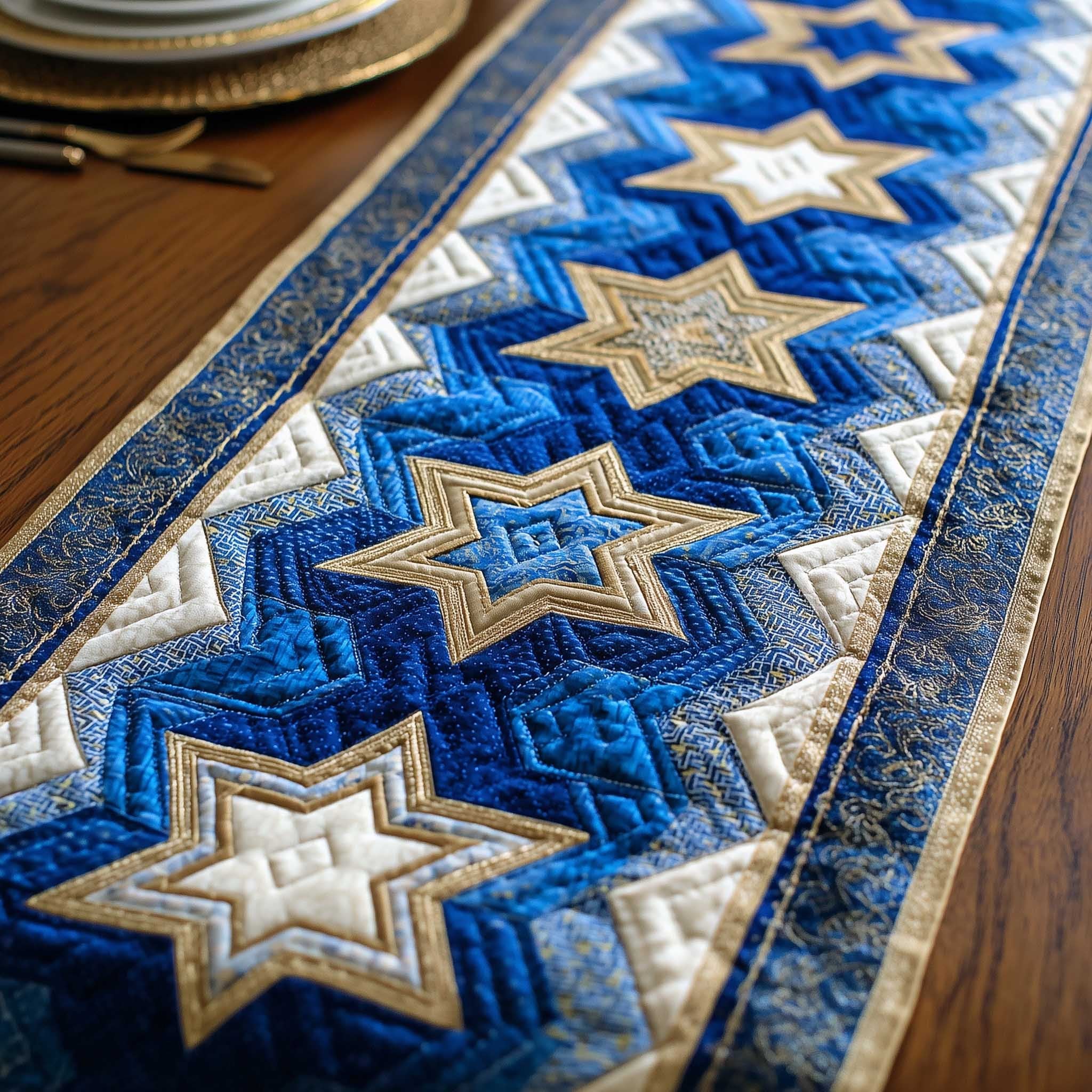 Blue and Cream Quilt Stars Table Runner