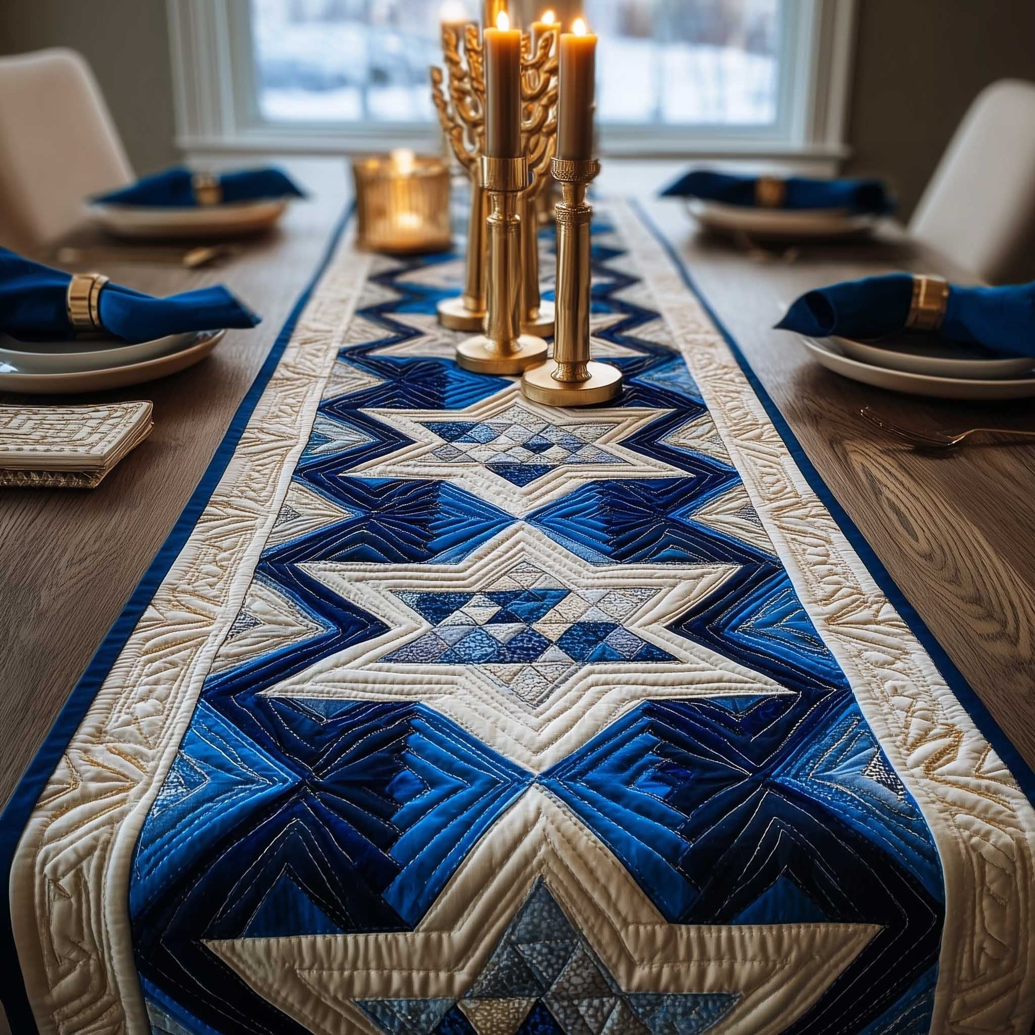 Blue Chevron Star Panel Table Runner