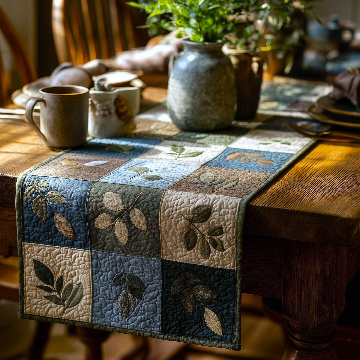Leaf Blocks in Blue and Cream Table Runner