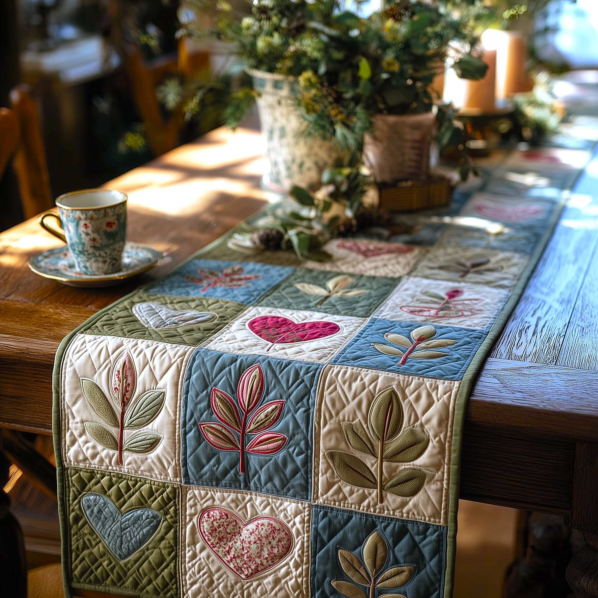 Leaf and Heart Blocks in Pastels Table Runner