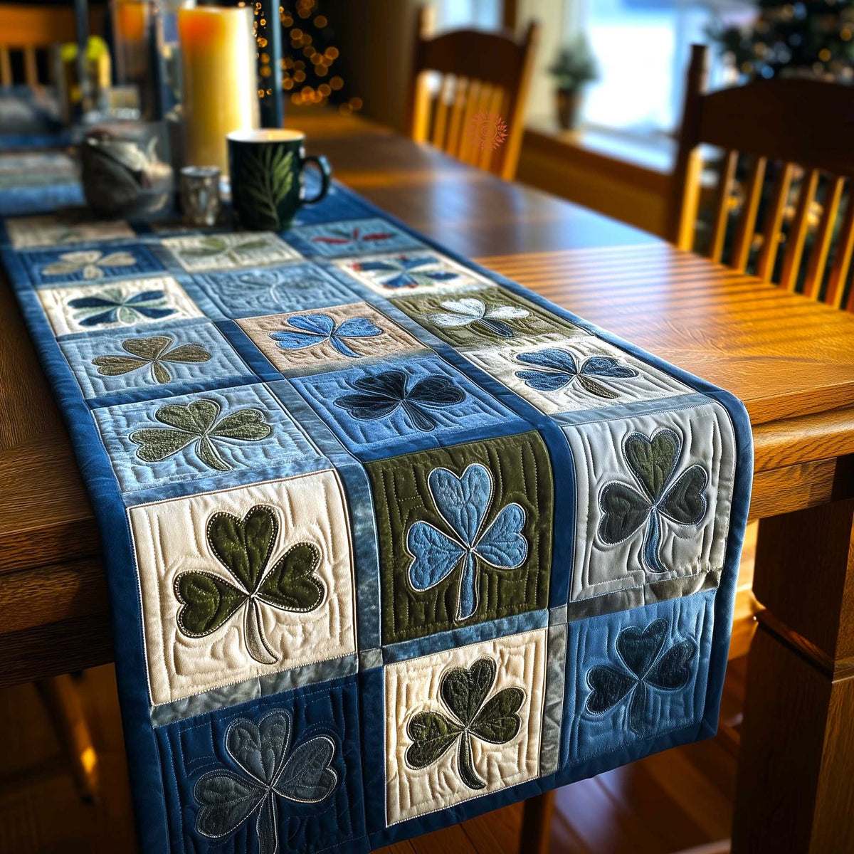 Shamrocks on Blue Quilt Blocks Table Runner