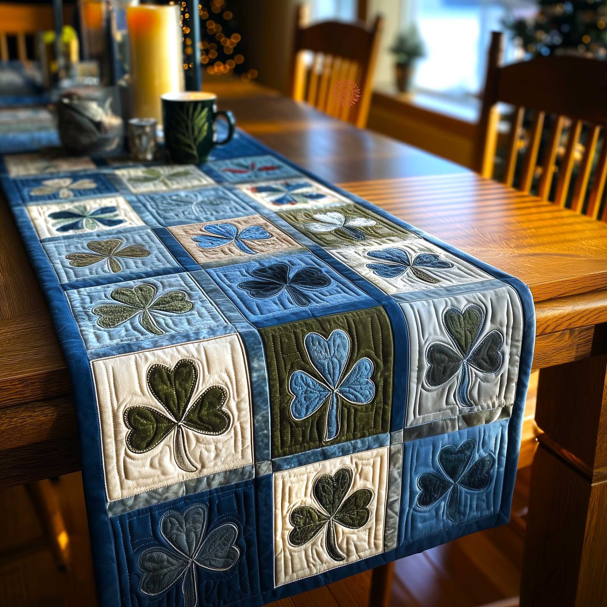 Shamrocks on Blue Quilt Blocks Table Runner
