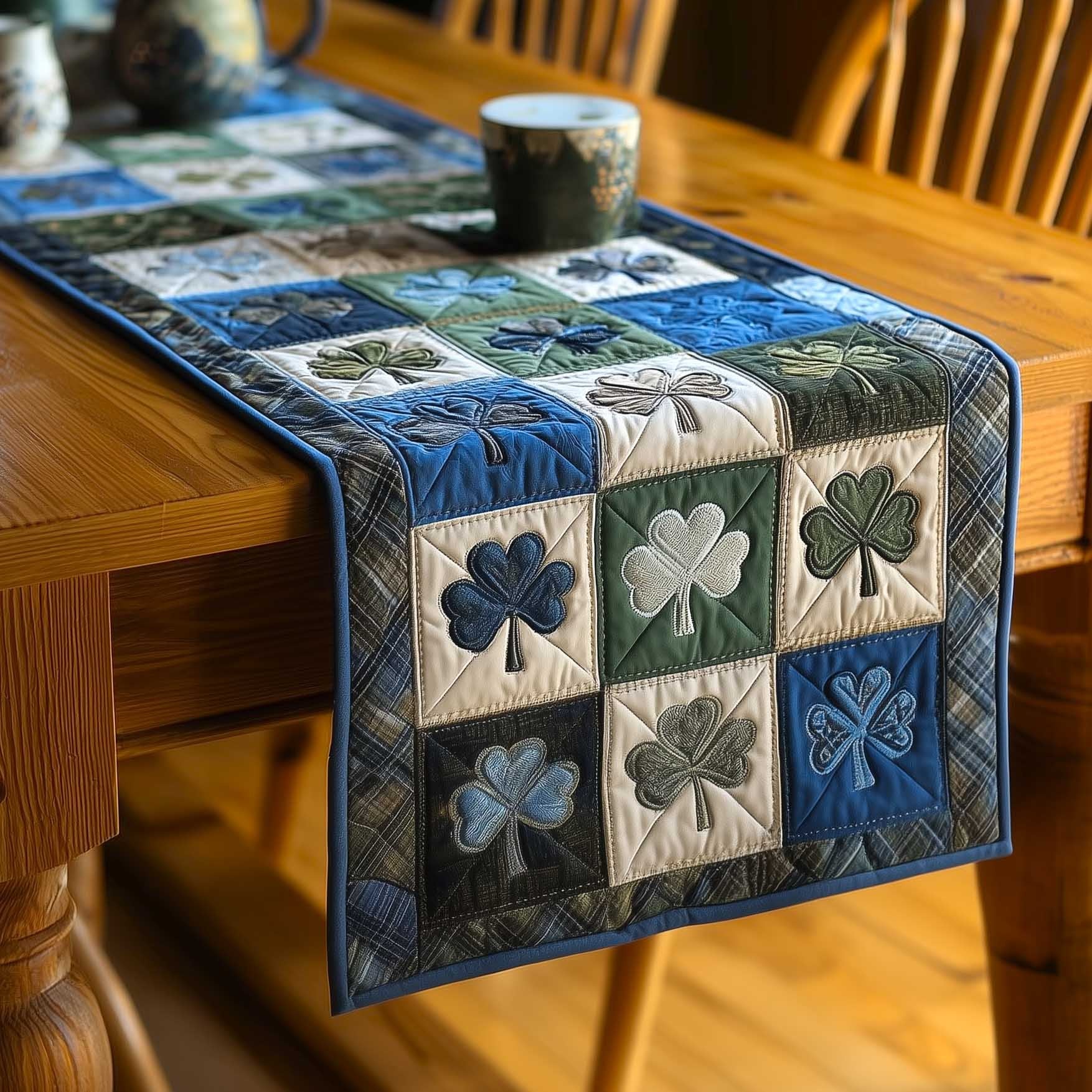 Shamrocks in Blue Grey Squares Table Runner