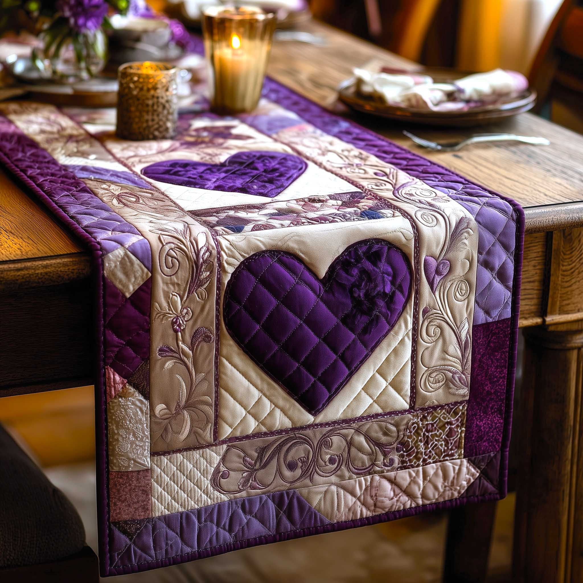 Purple Heart on Cream Panel Table Runner