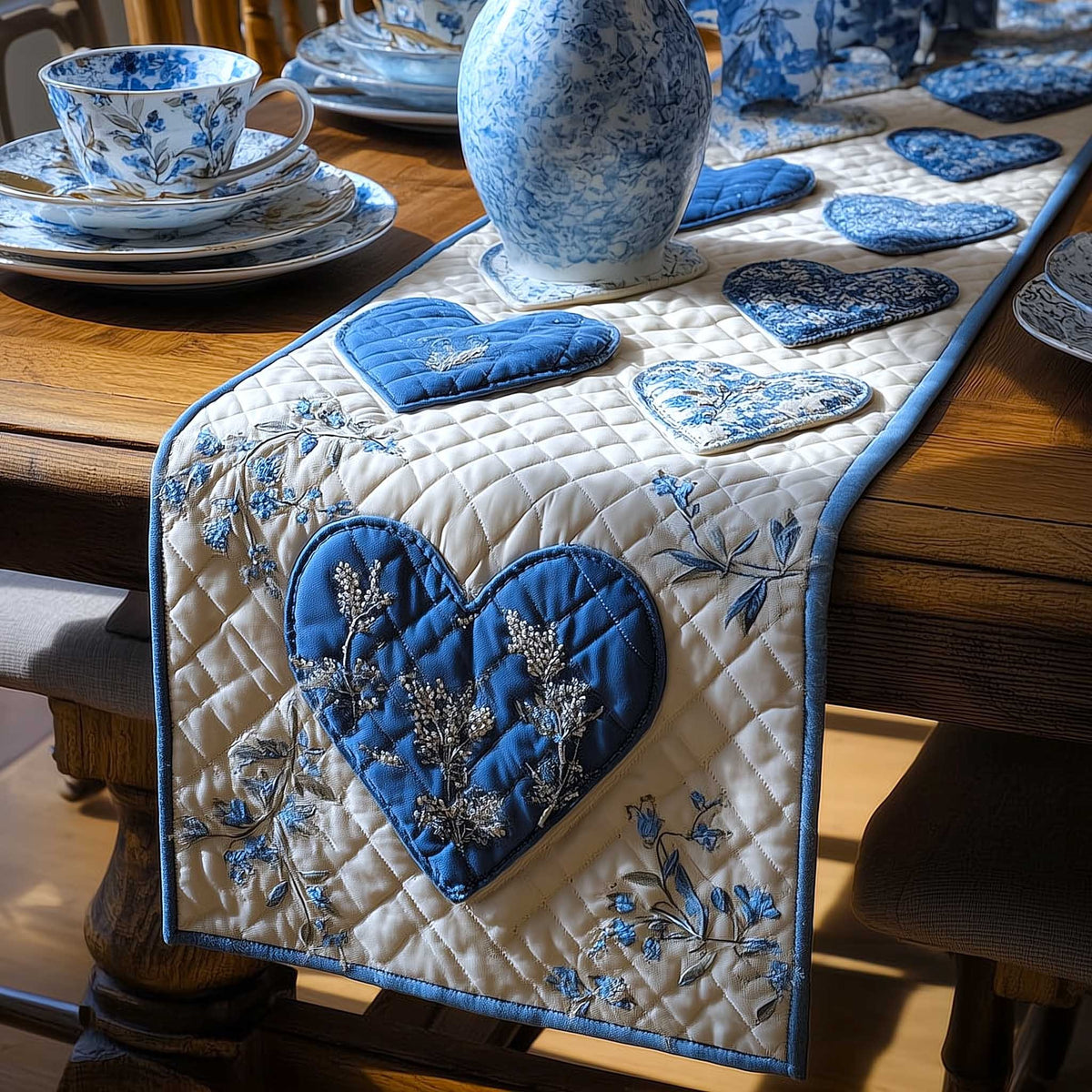Blue Heart on White Quilting Table Runner