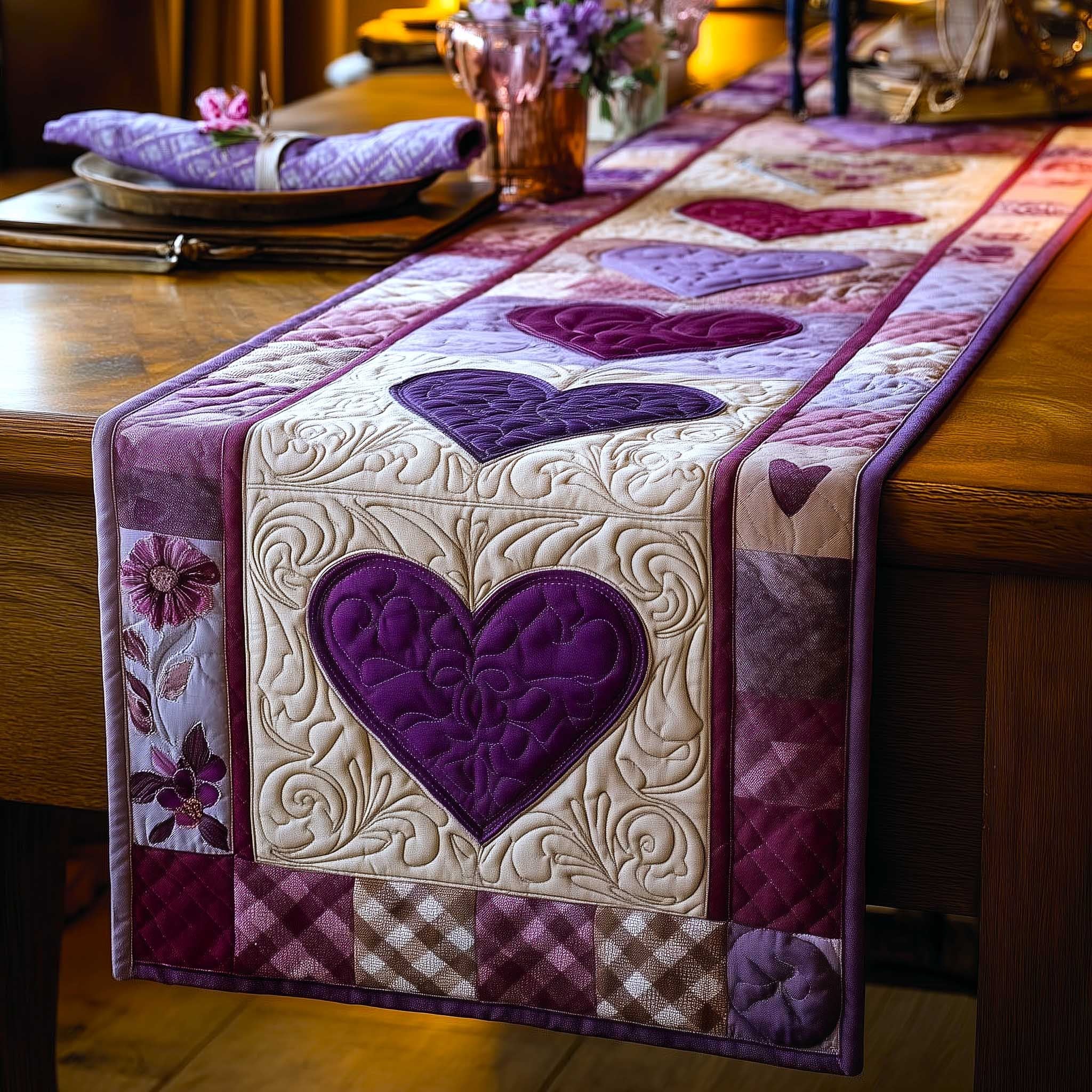 Purple Heart with Pink Border Table Runner
