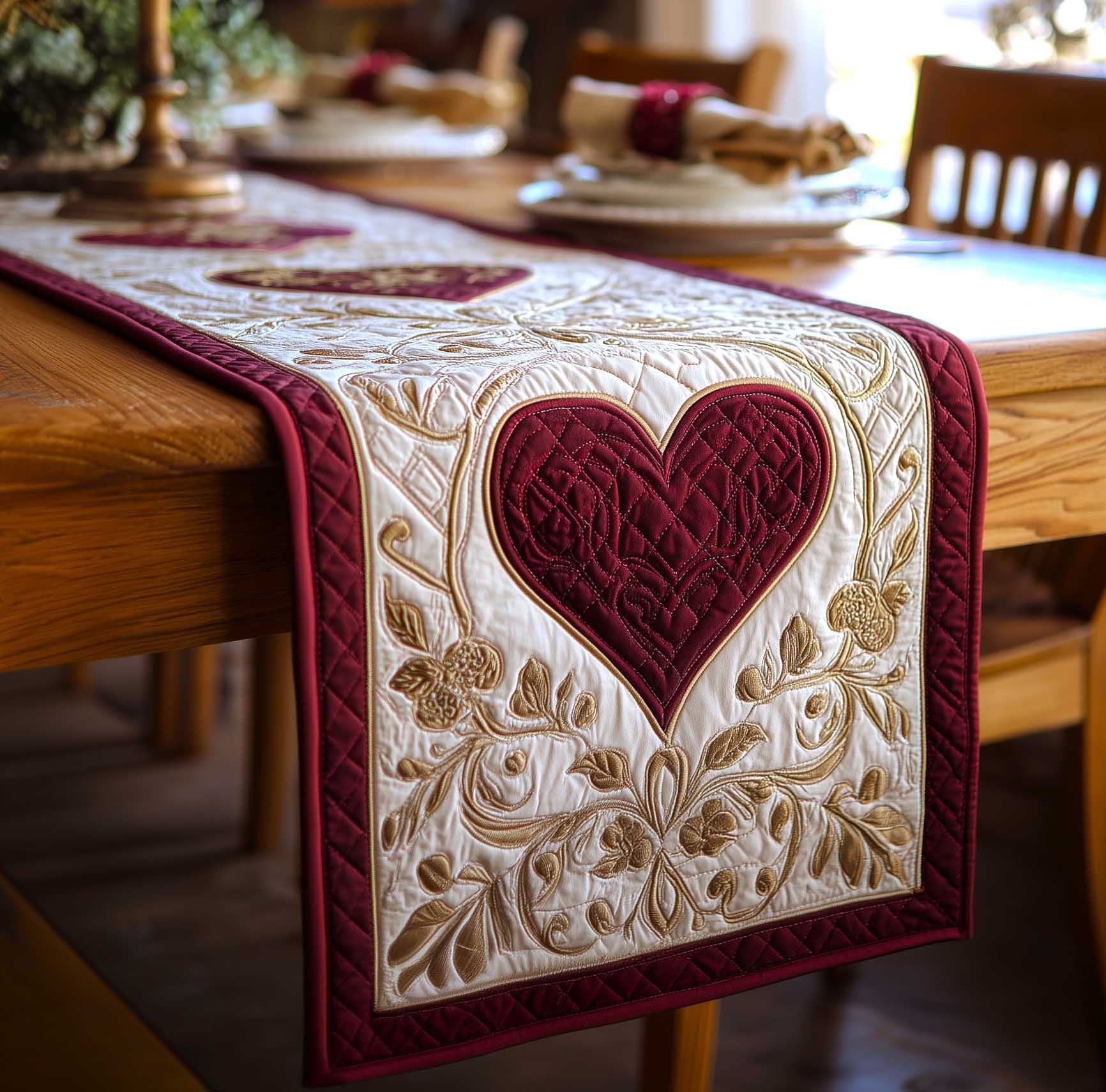 Burgundy Heart on Cream Table Runner