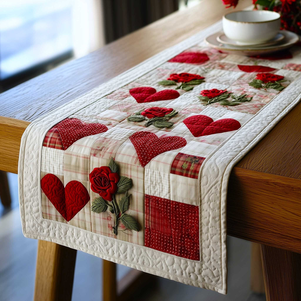 Red Hearts with Rose Sprigs Table Runner
