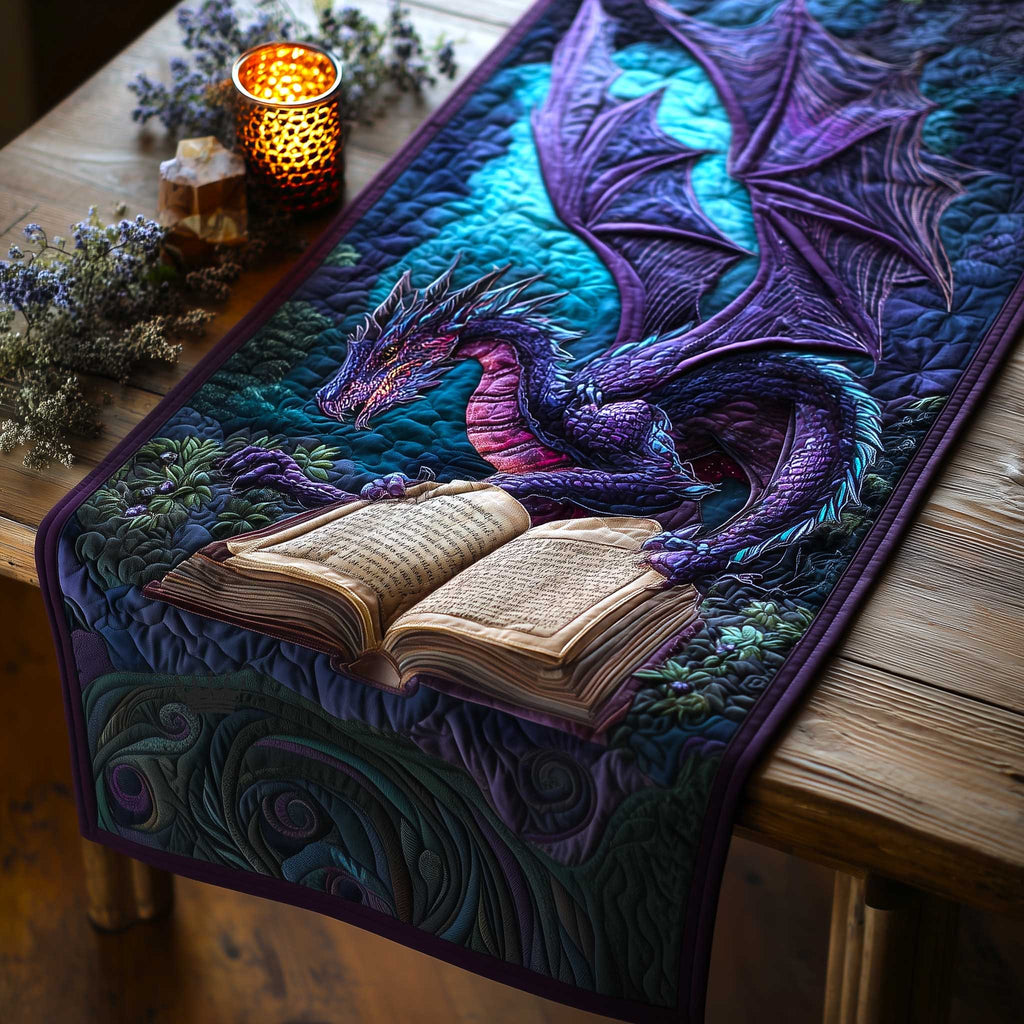 Teal Dragon Above an Open Book Table Runner