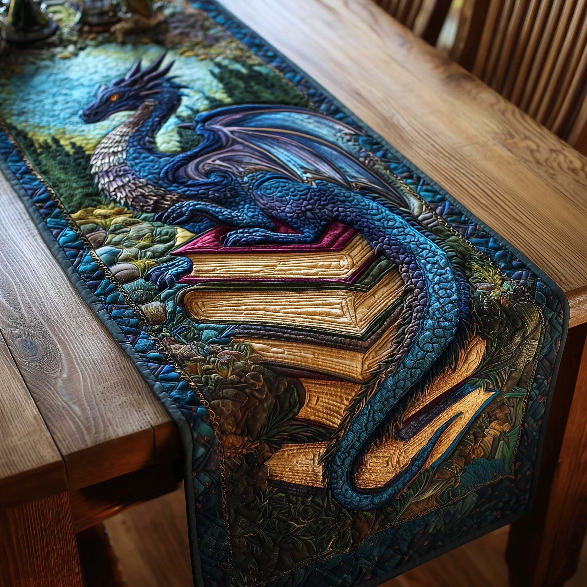 Blue Dragon Draped Over Books Table Runner