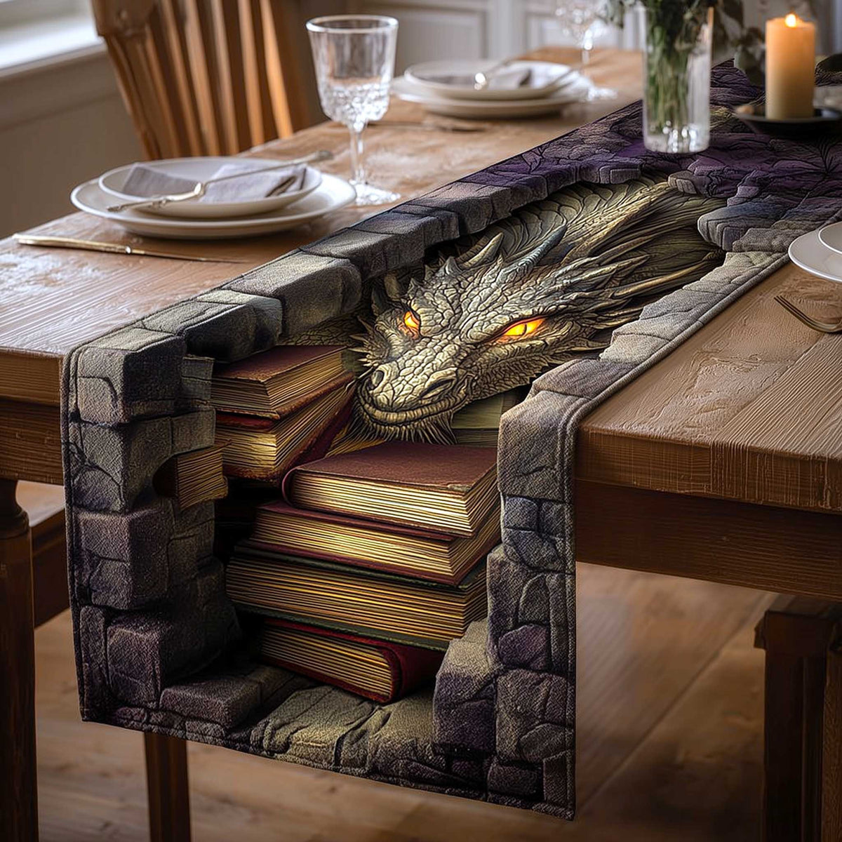 Dragon Among Stone Books Table Runner
