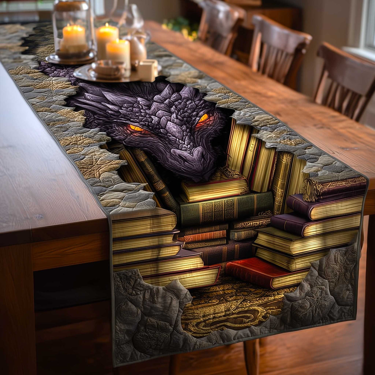 Purple Dragon Resting on Books Table Runner