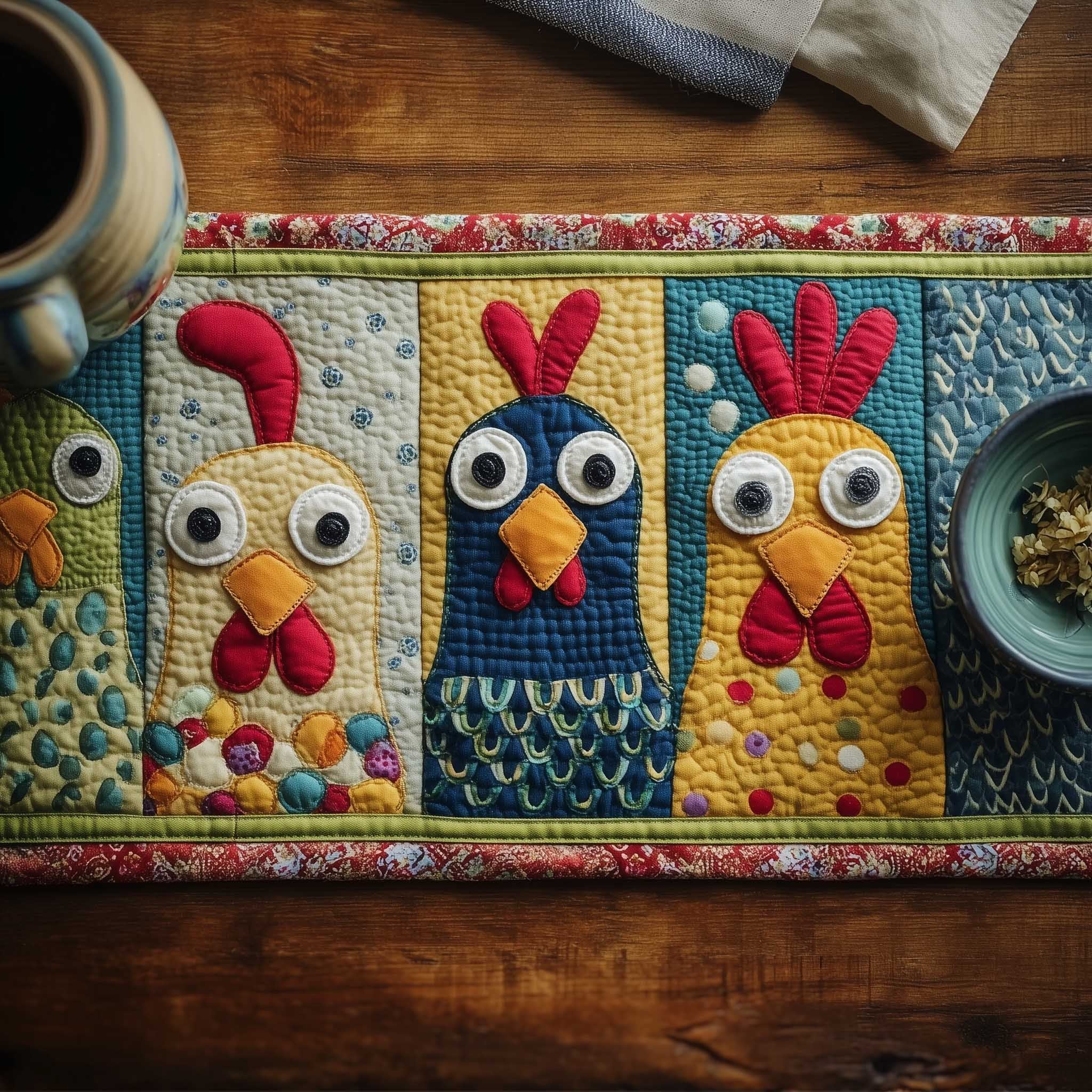Wide Eyed Folk Chickens Table Runner