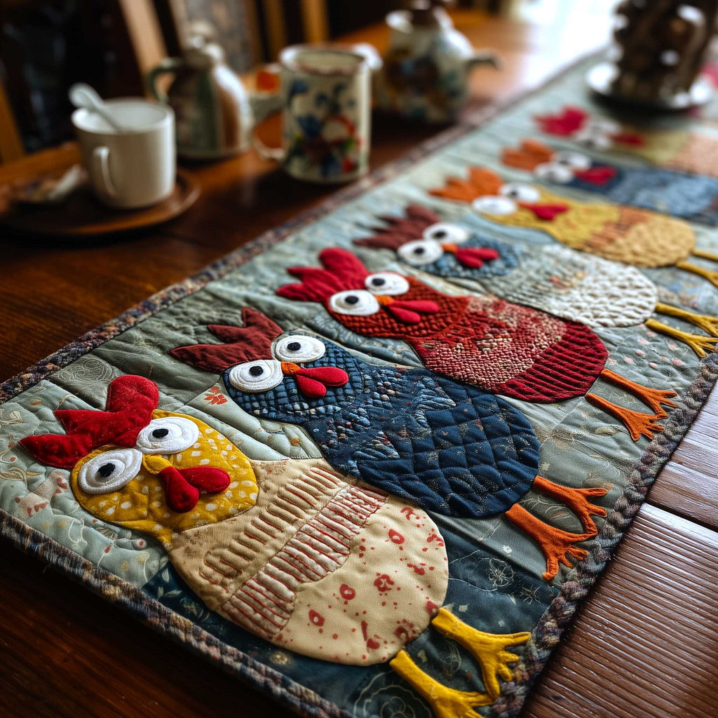 Patchwork Hens in Red and Blue Table Runner