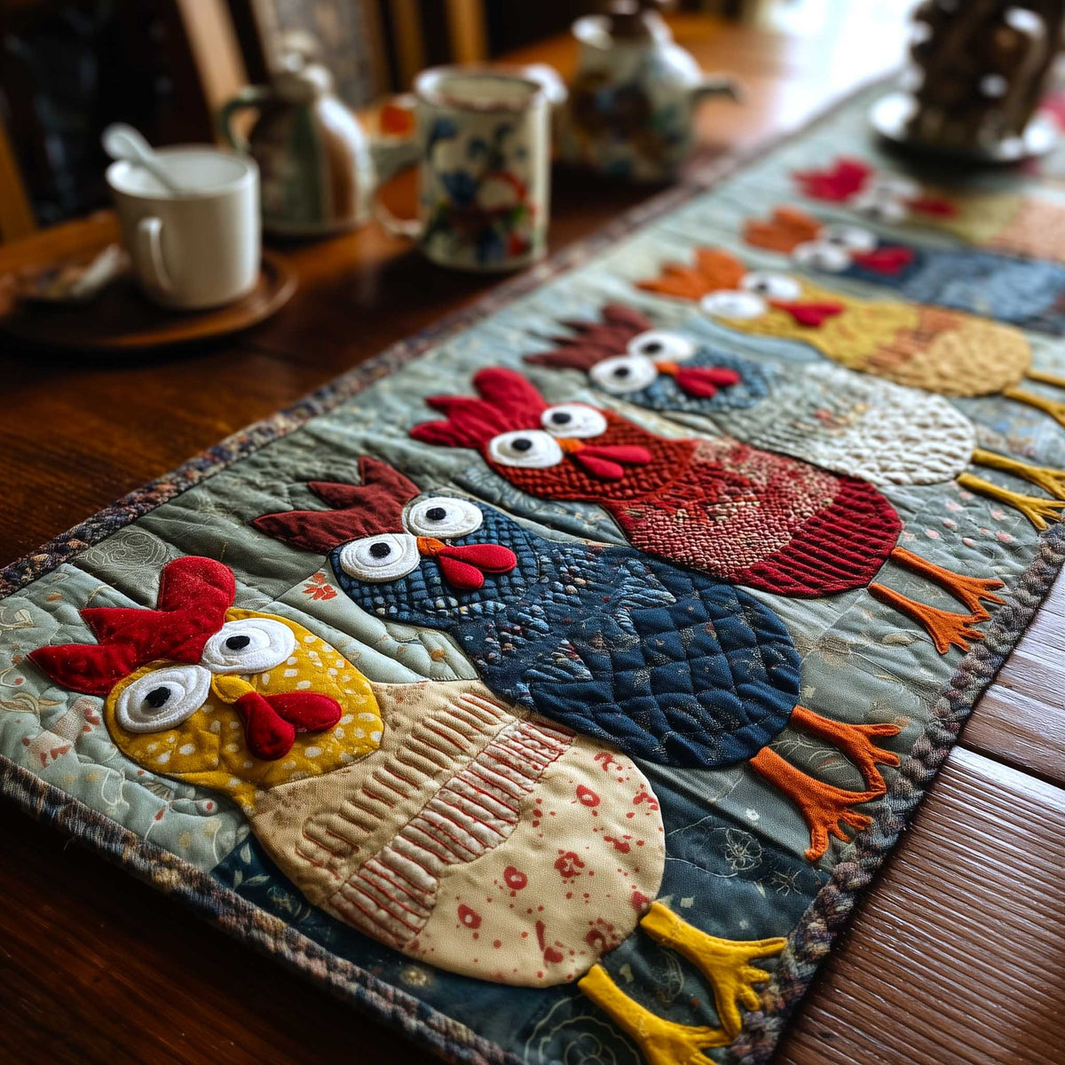 Patchwork Hens in Red and Blue Table Runner