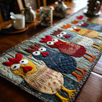 Patchwork Hens in Red and Blue Table Runner